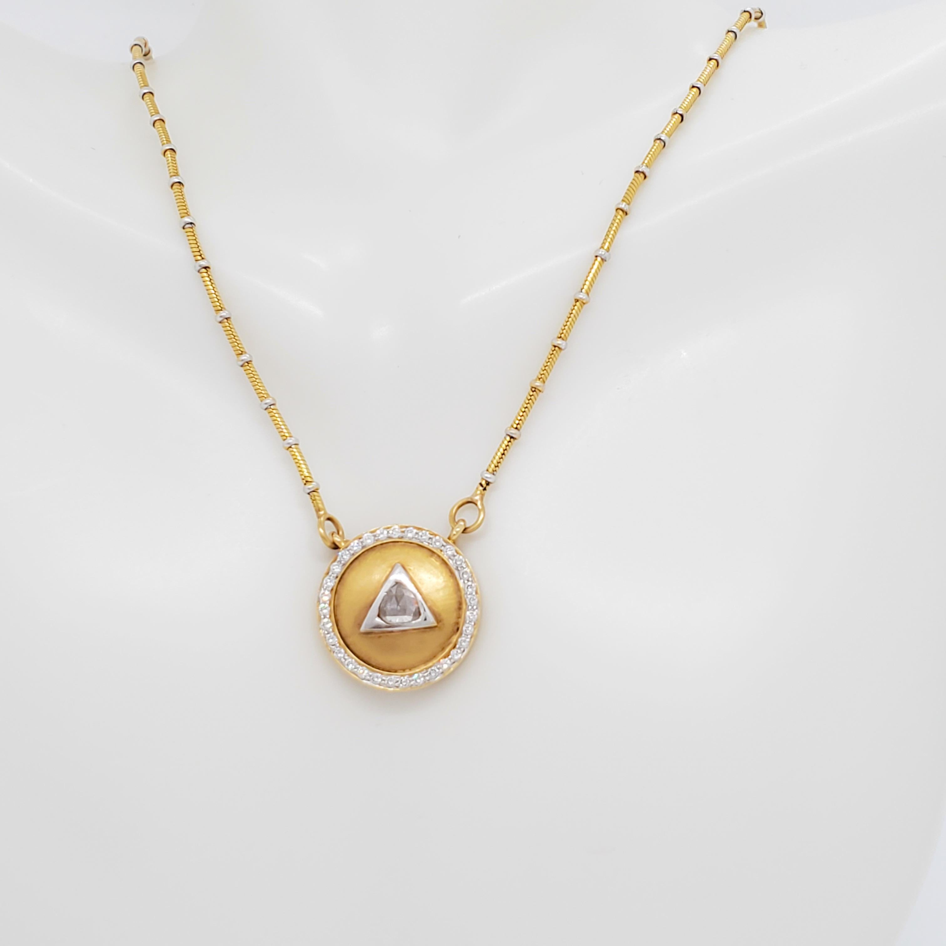 White Diamond Medallion Style Necklace in 18k Two Tone Gold For Sale 1
