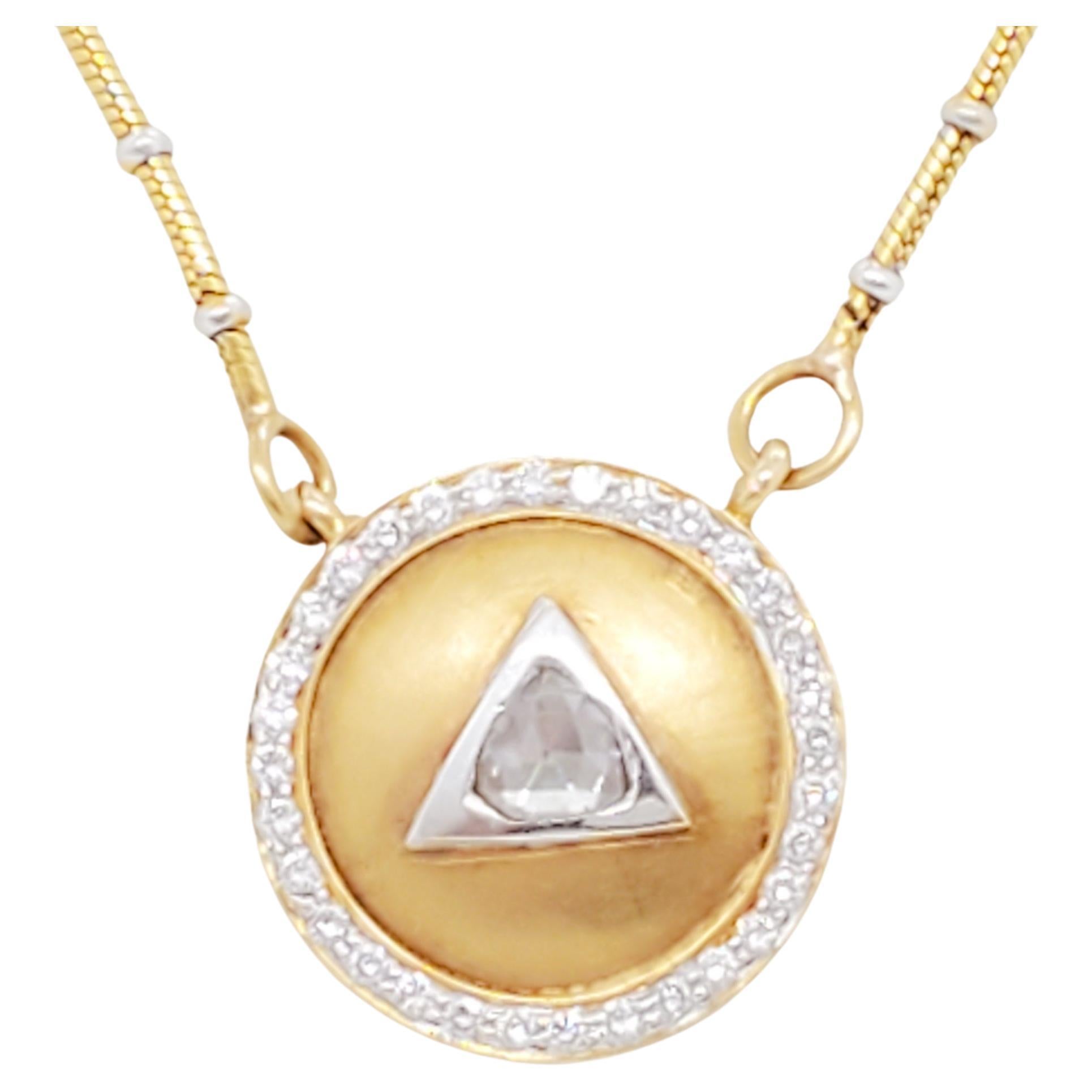 White Diamond Medallion Style Necklace in 18k Two Tone Gold