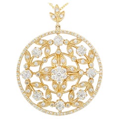 White Diamond Medallion Style Pendant Necklace in 14k Yellow Gold