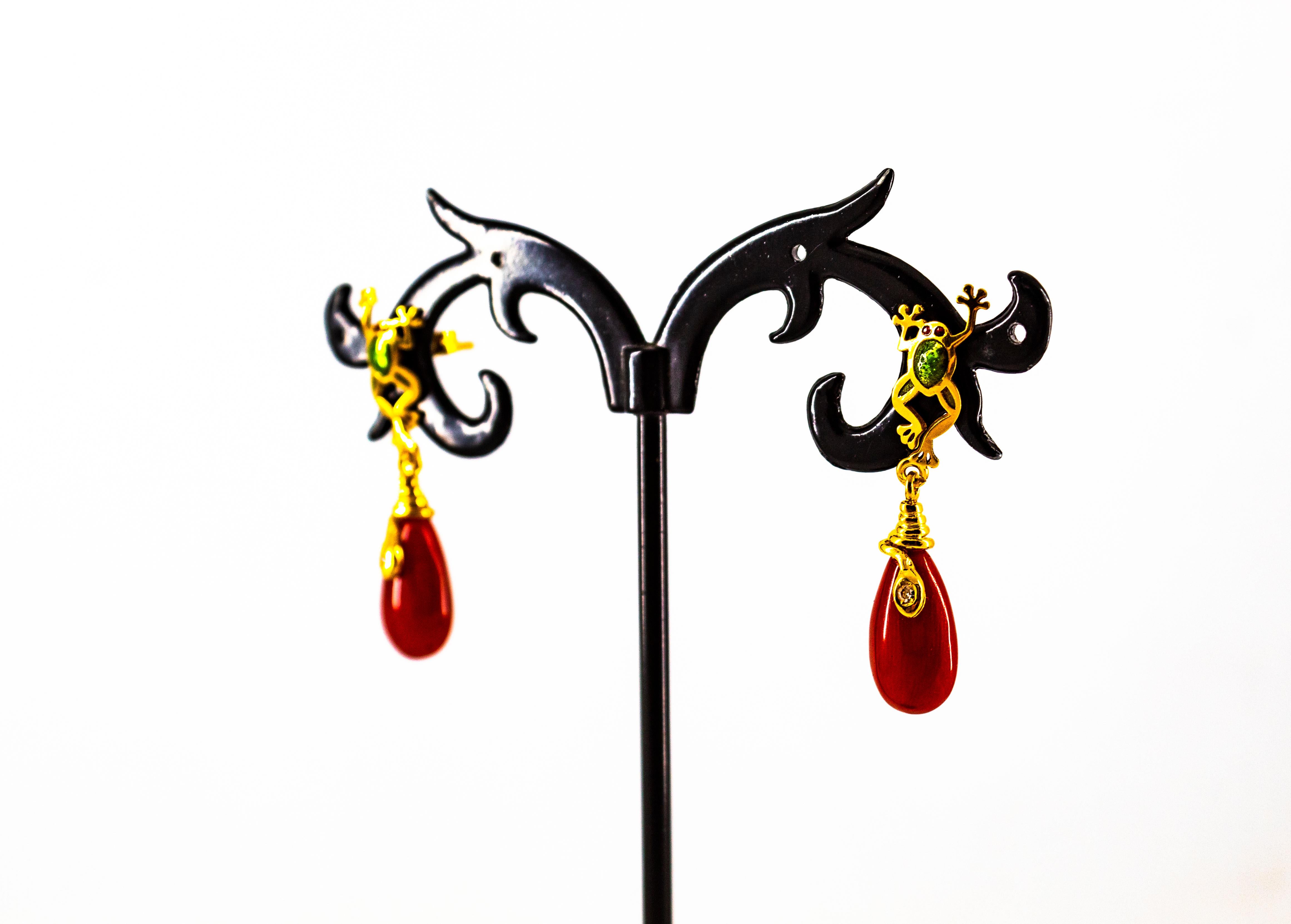 White Diamond Mediterranean Red Coral Enamel Yellow Gold Stud 