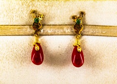 White Diamond Mediterranean Red Coral Enamel Yellow Gold Stud "Frog" Earrings