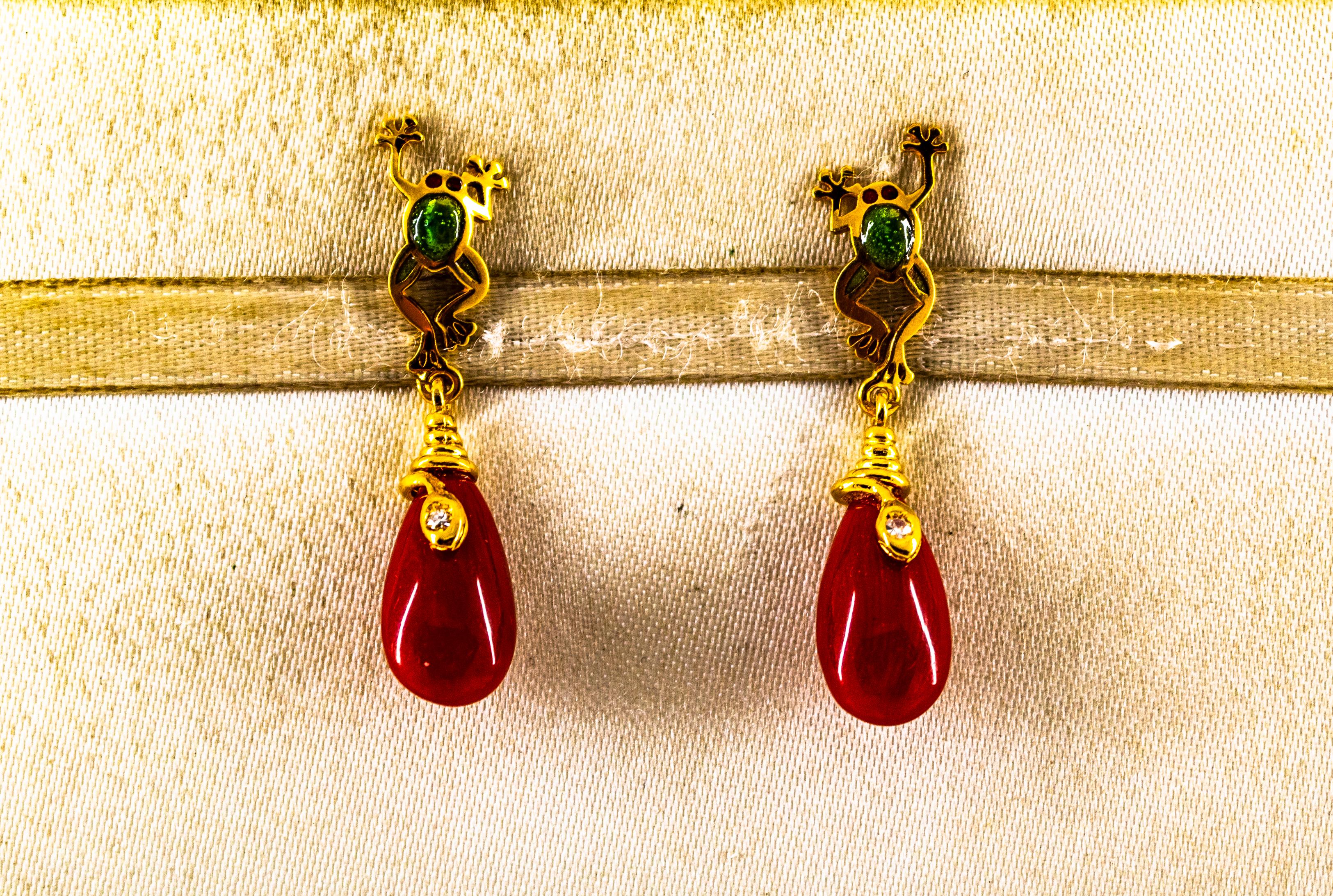 Art Nouveau White Diamond Mediterranean Red Coral Enamel Yellow Gold Stud 