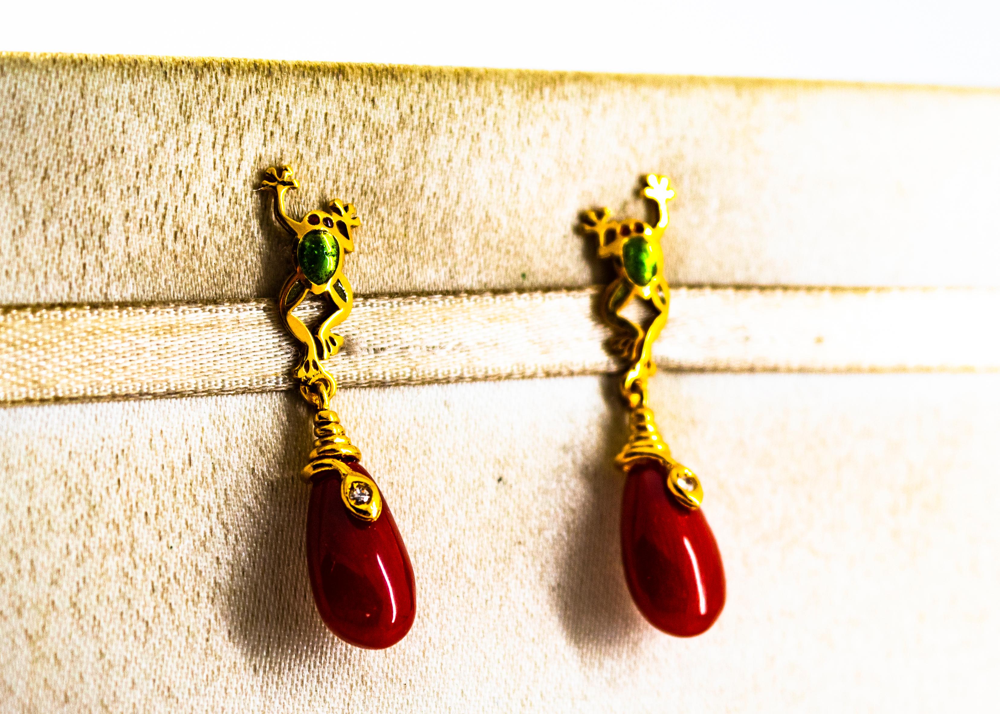 Brilliant Cut White Diamond Mediterranean Red Coral Enamel Yellow Gold Stud 
