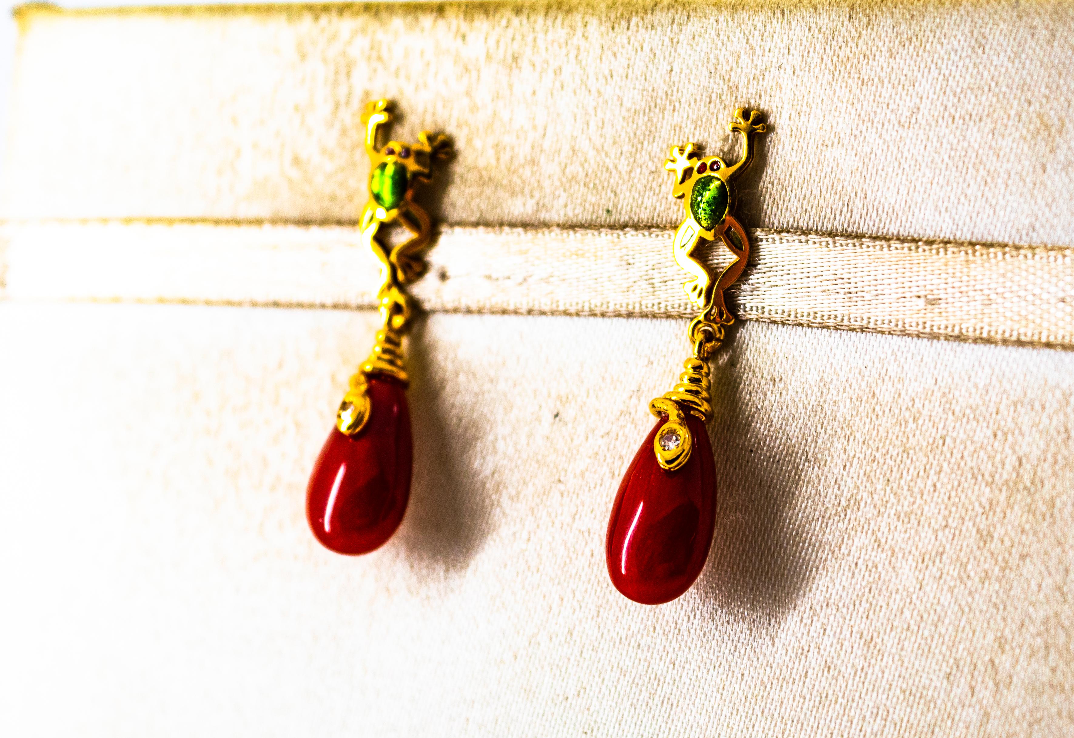 White Diamond Mediterranean Red Coral Enamel Yellow Gold Stud 