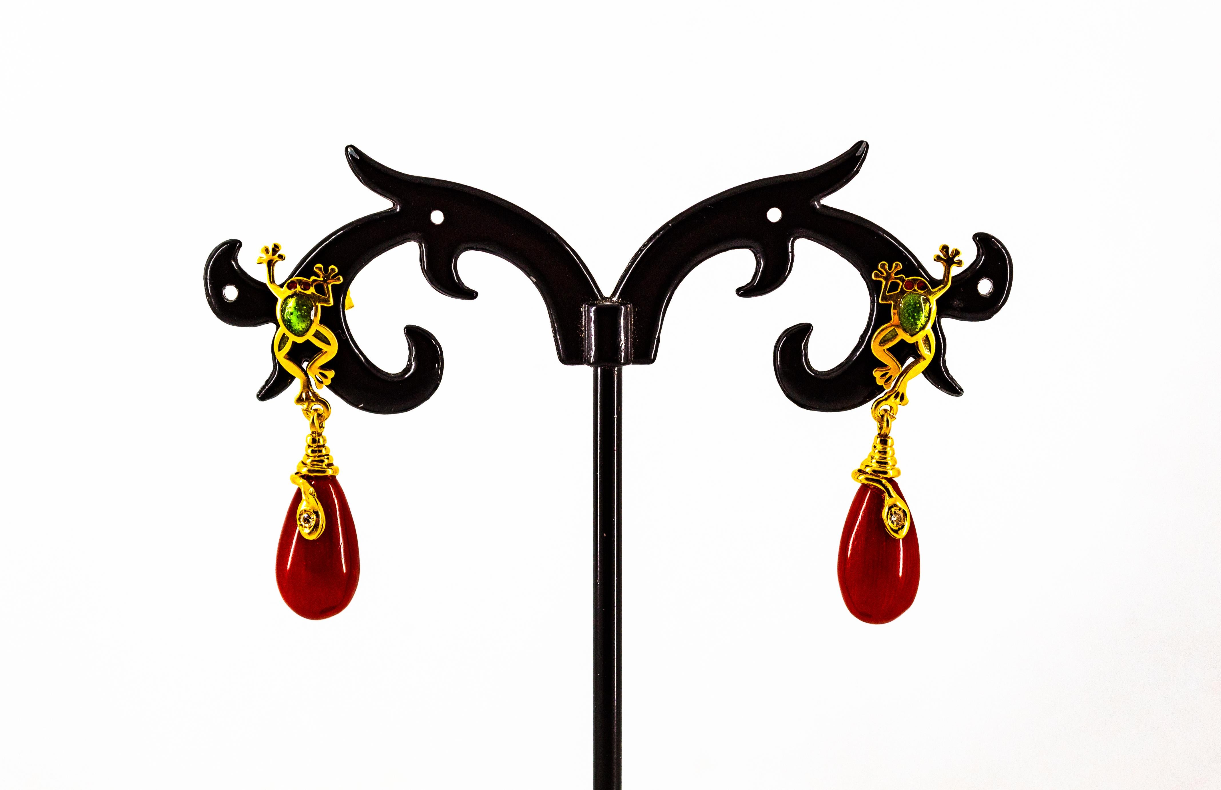 Women's or Men's White Diamond Mediterranean Red Coral Enamel Yellow Gold Stud 