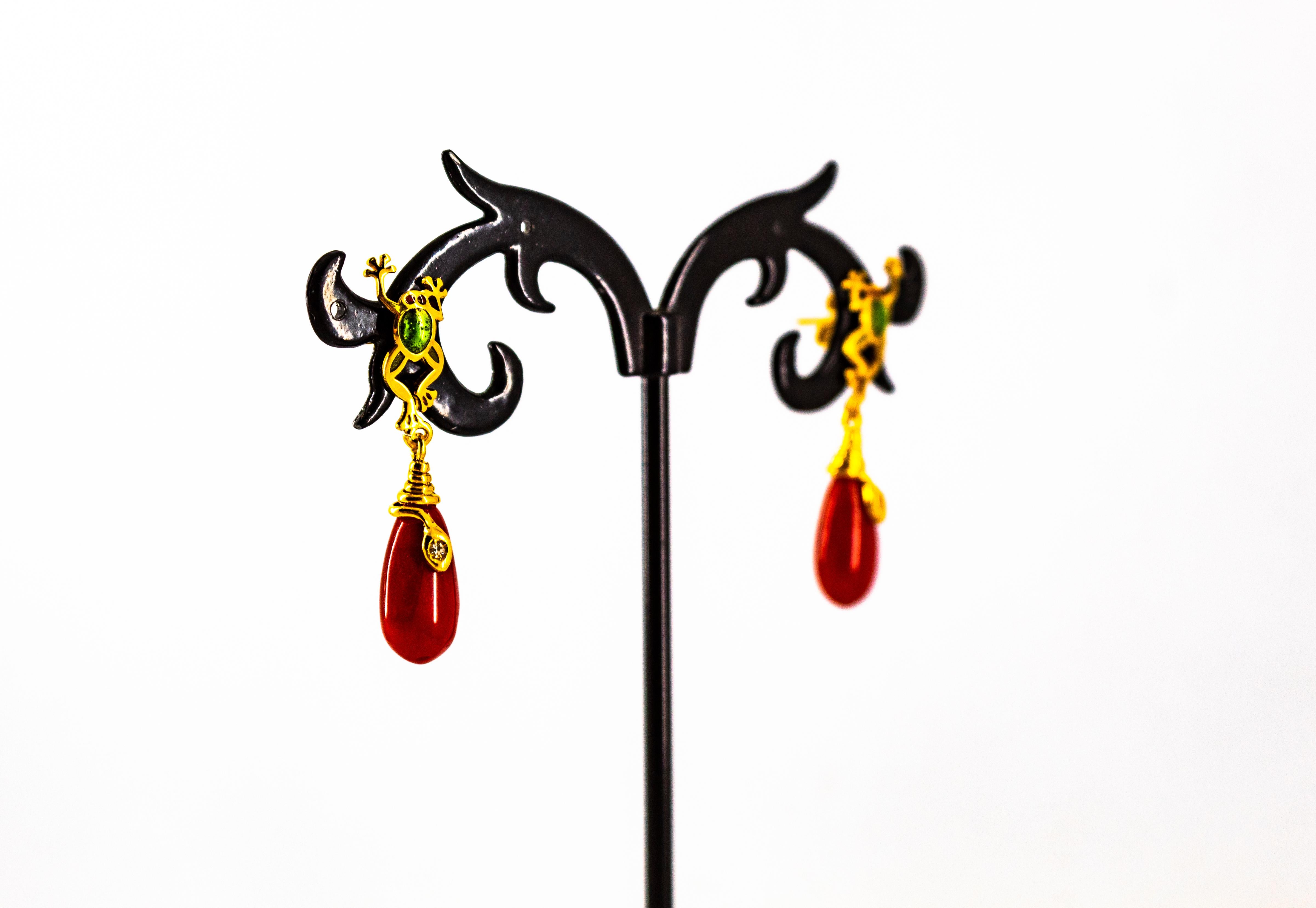 White Diamond Mediterranean Red Coral Enamel Yellow Gold Stud 