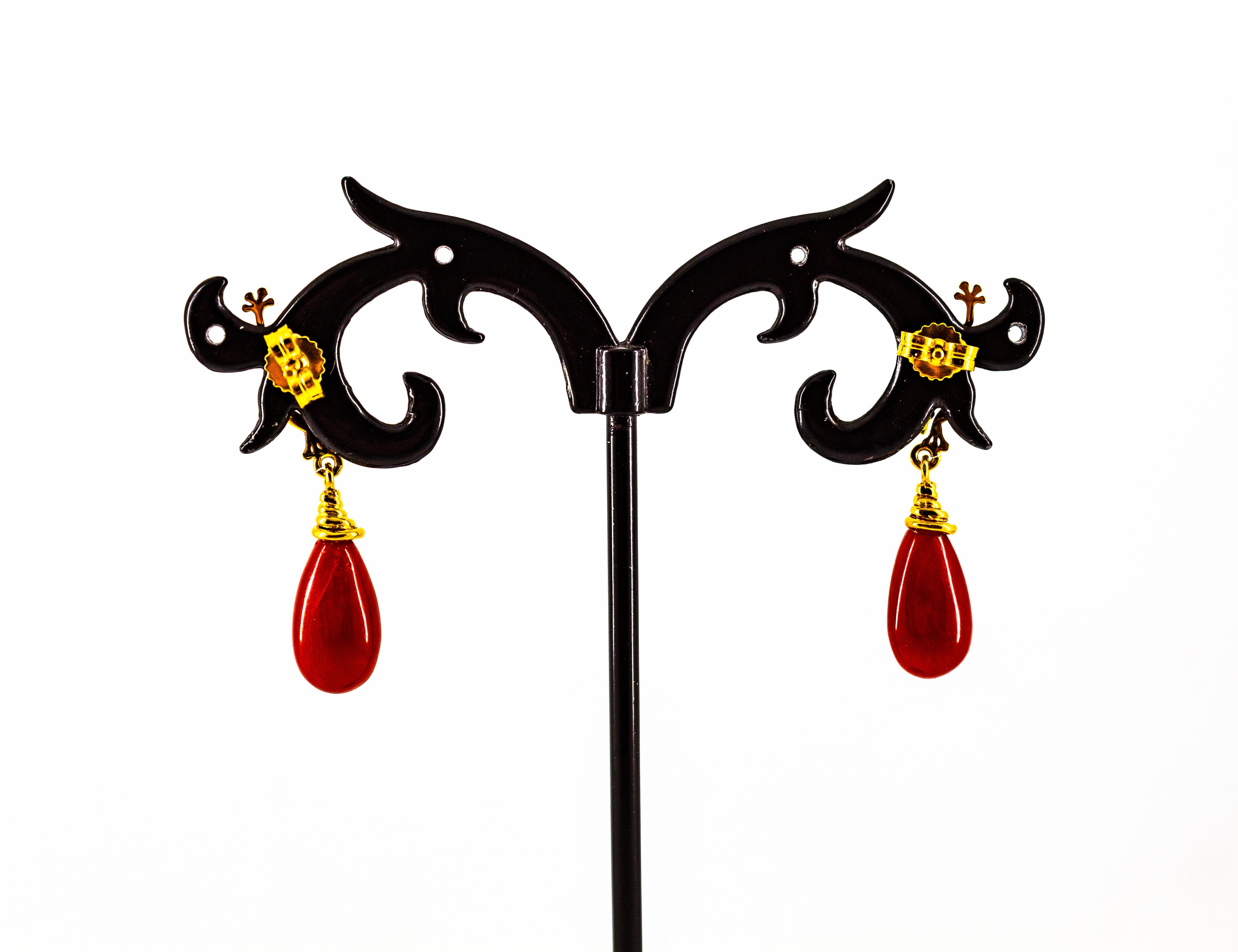 White Diamond Mediterranean Red Coral Enamel Yellow Gold Stud 