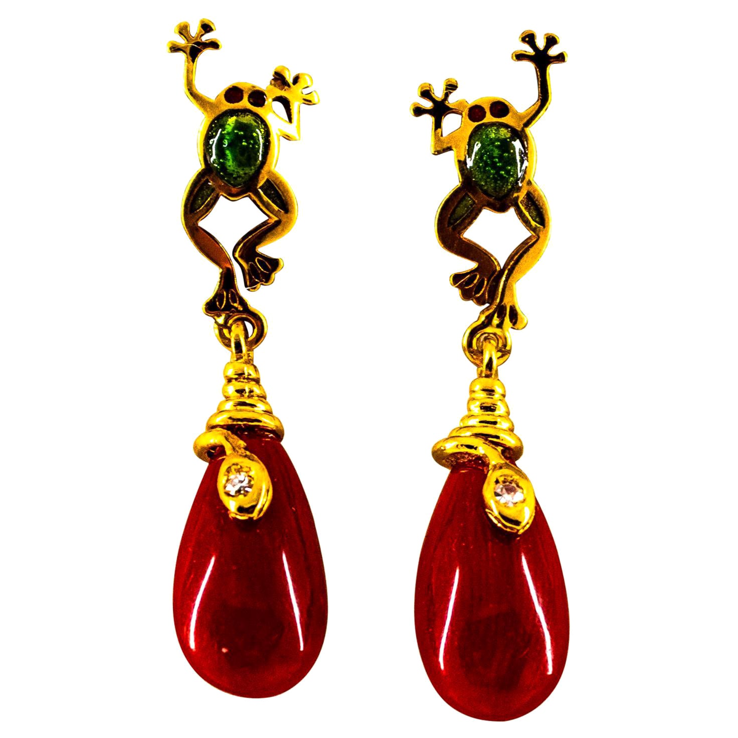 White Diamond Mediterranean Red Coral Enamel Yellow Gold Stud "Frog" Earrings For Sale