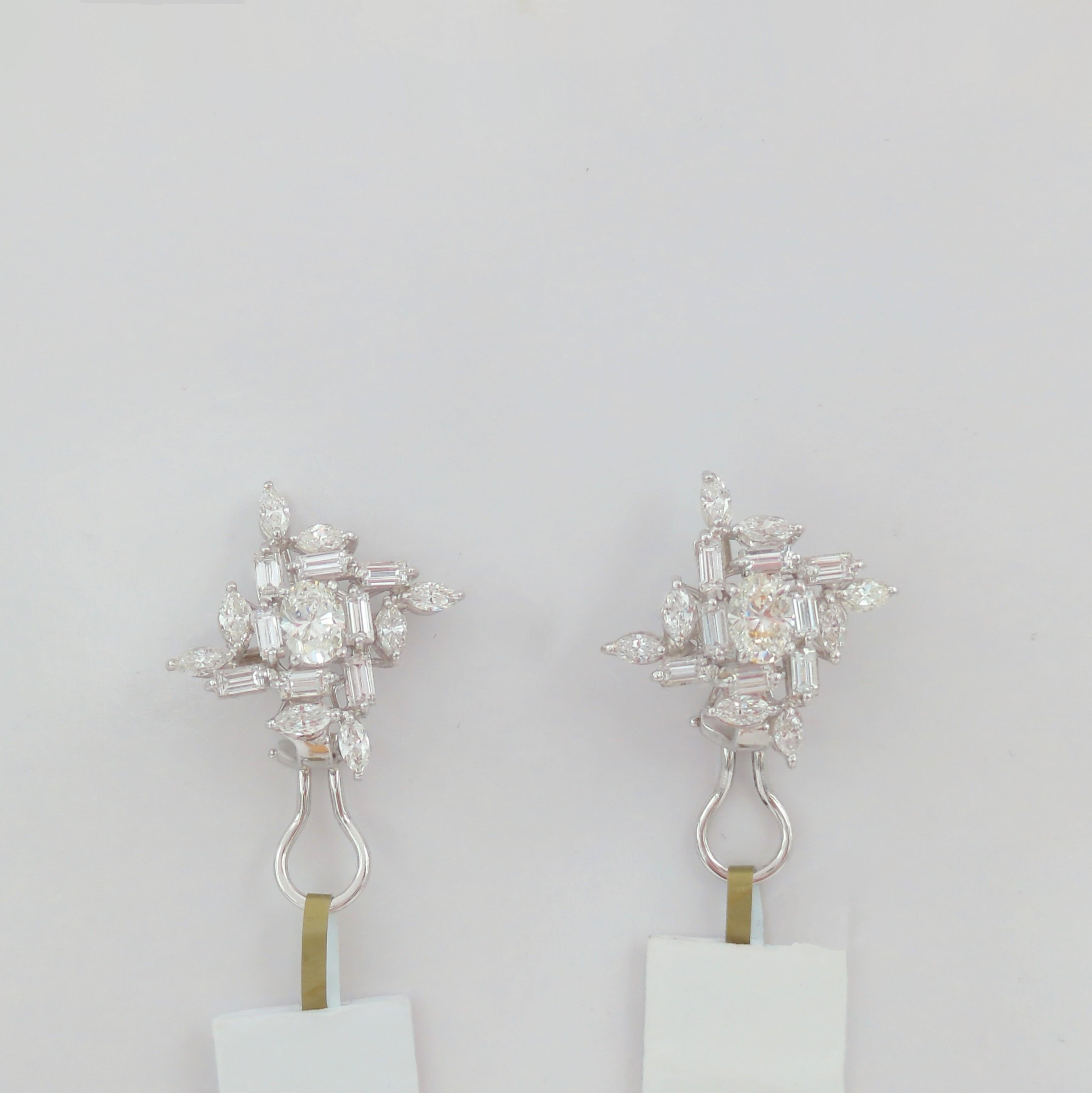 White Diamond Mix Shape Cluster Earrings in 18K White Gold For Sale 1