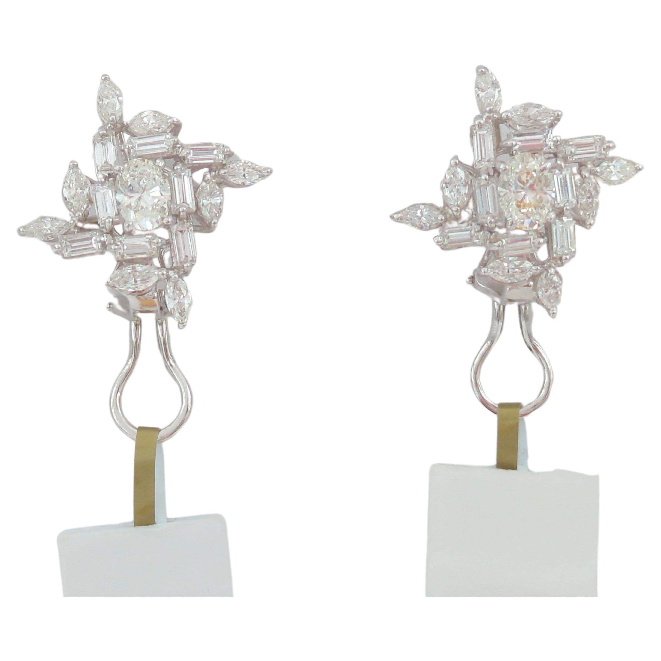 White Diamond Mix Shape Cluster Earrings in 18K White Gold For Sale