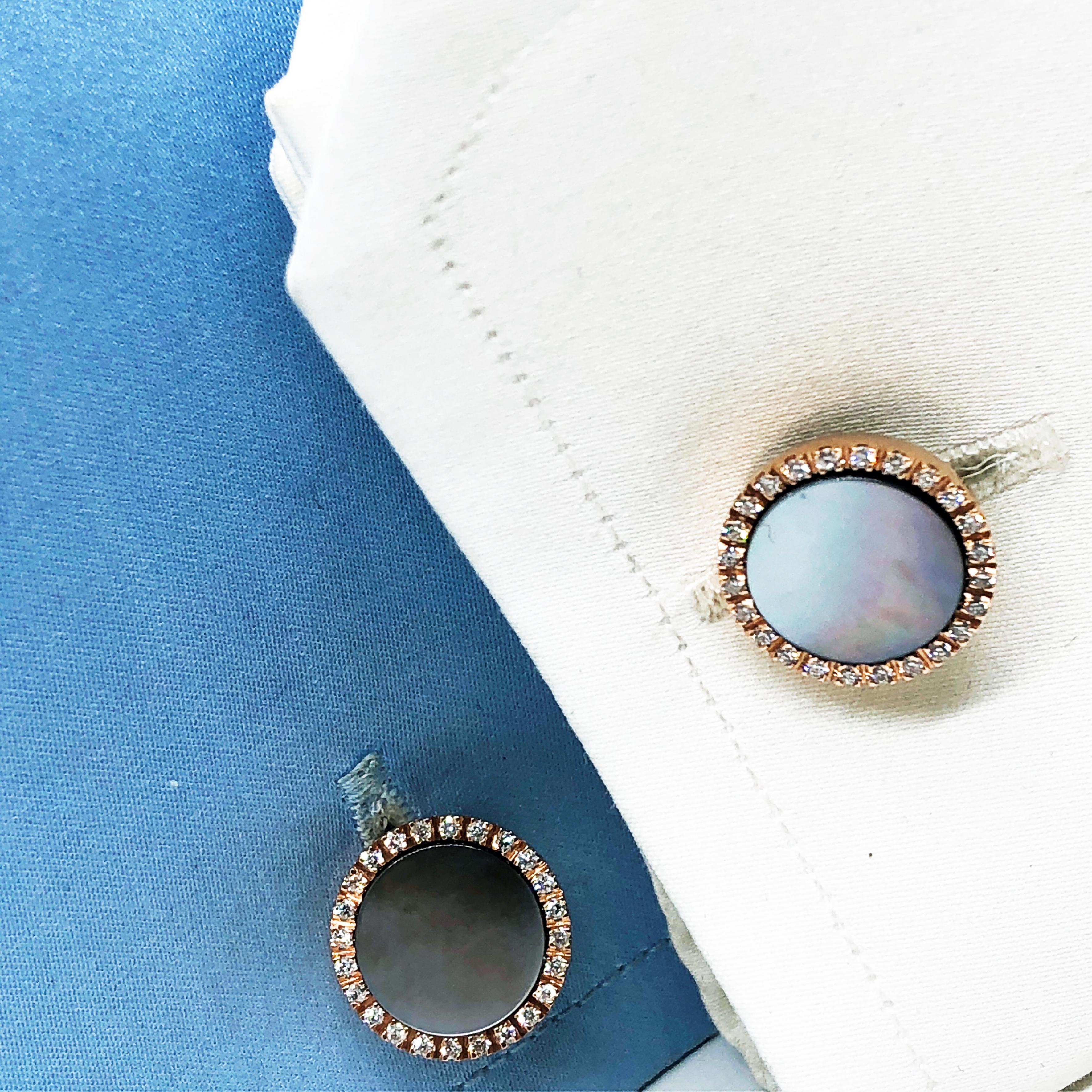 Smart, Chic yet Timeless 0.61 Carat Top Quality White Diamond, Hand Inlaid Light Grey to Icy White, Iridescent, Mother-of-pearl Disk, 18K Rose Gold Setting Cufflinks. 
 
In our smart, fitted, Whiskey Brown Suede Case and Pouch.