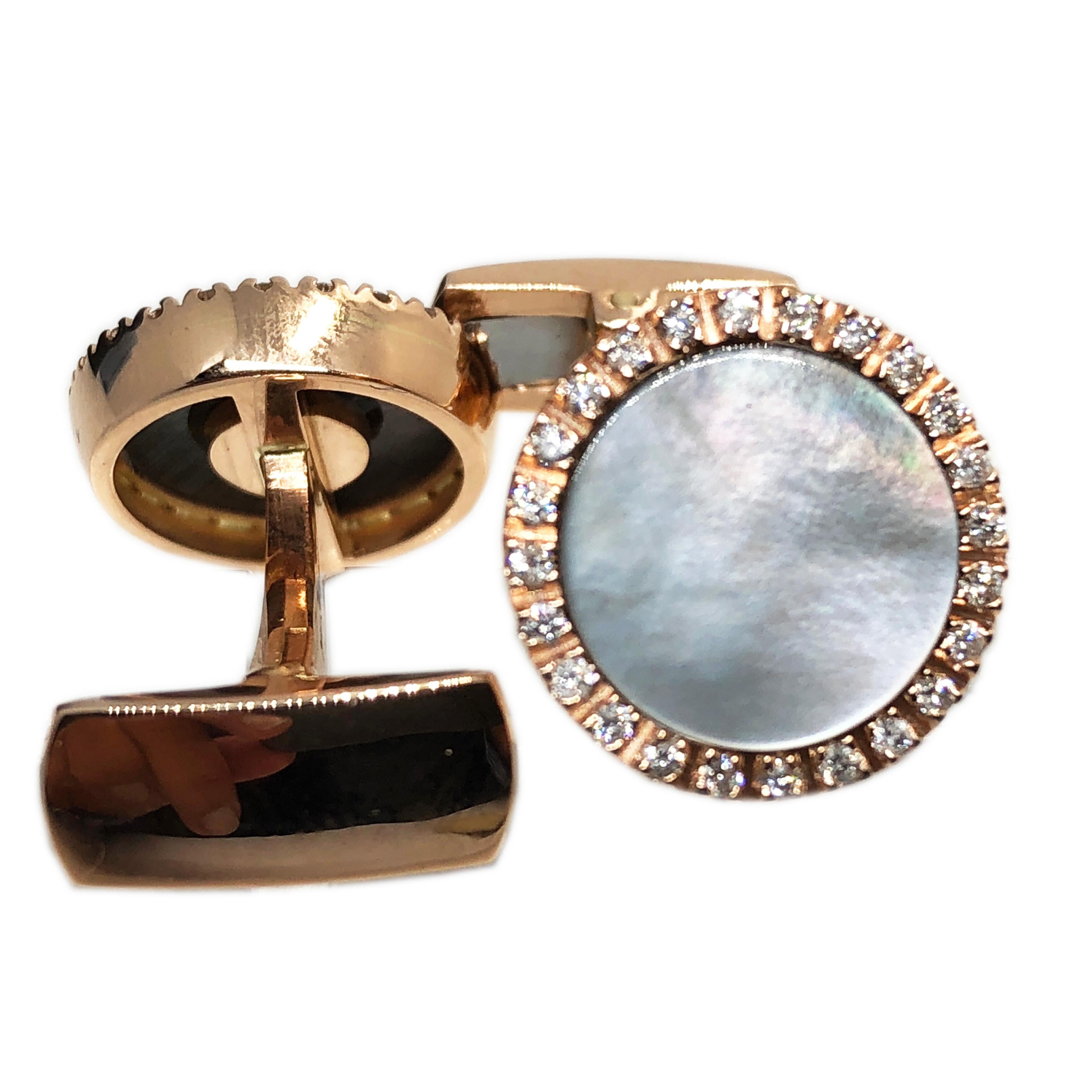 Berca White Diamond Light Grey Mother of Pearl 18 Karat Rose Gold Cufflinks In New Condition For Sale In Valenza, IT