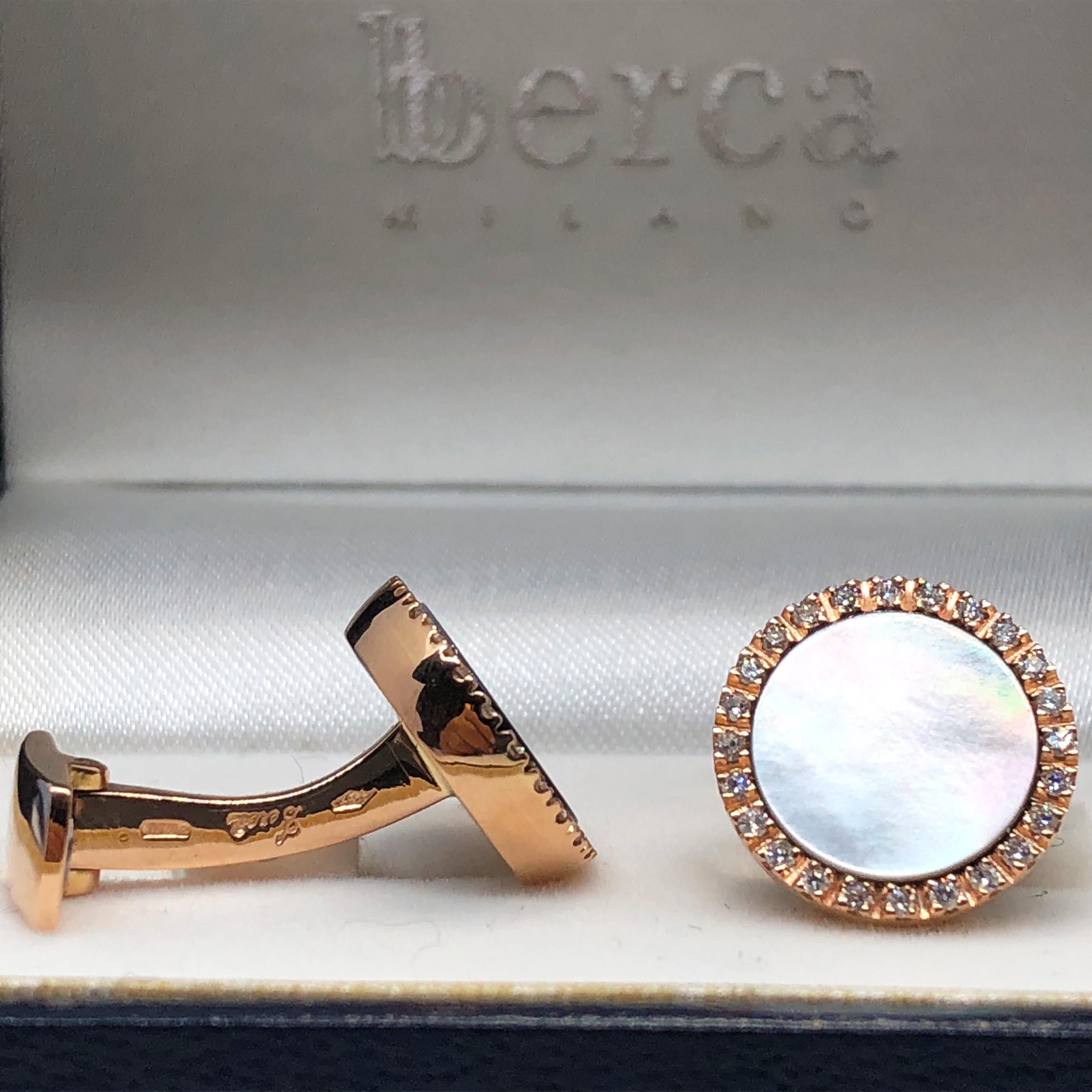 Men's Berca White Diamond Light Grey Mother of Pearl 18 Karat Rose Gold Cufflinks For Sale