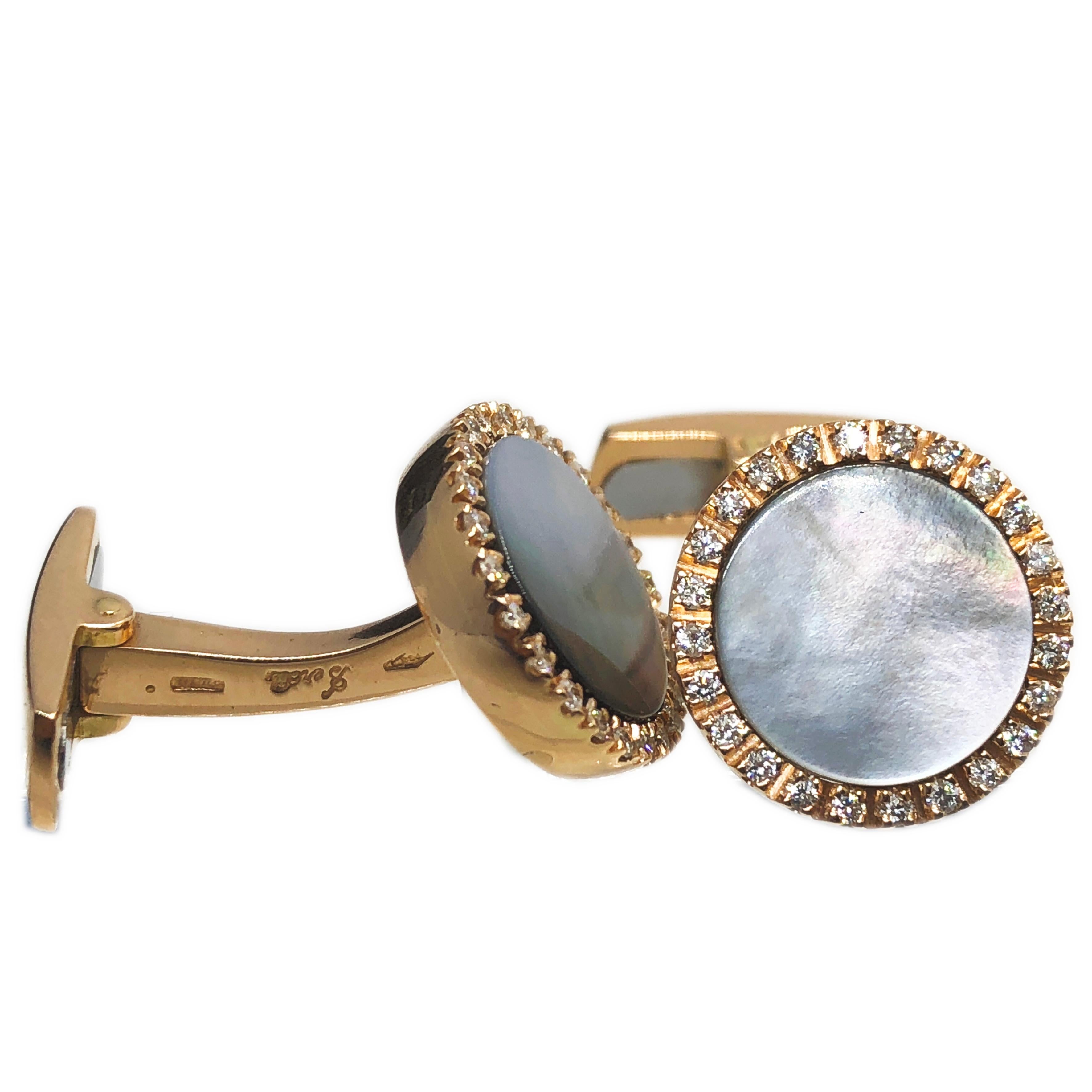 Berca White Diamond Light Grey Mother of Pearl 18 Karat Rose Gold Cufflinks For Sale 2