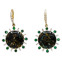 White Diamond, Opal, and Emerald Dangle Earrings in 18K Yellow Gold