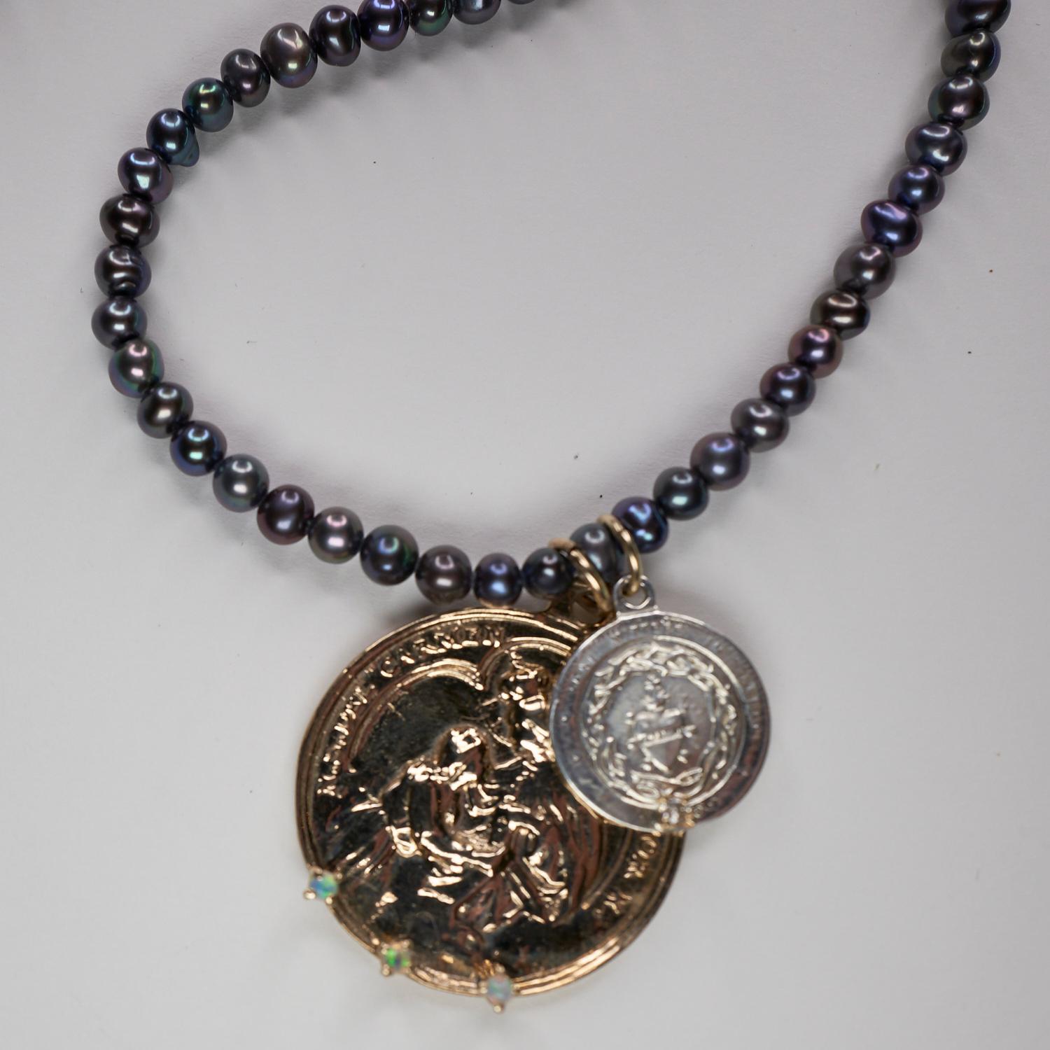 Victorian White Diamond Opal Black Pearl Choker Necklace Medal Pendants J Dauphin For Sale