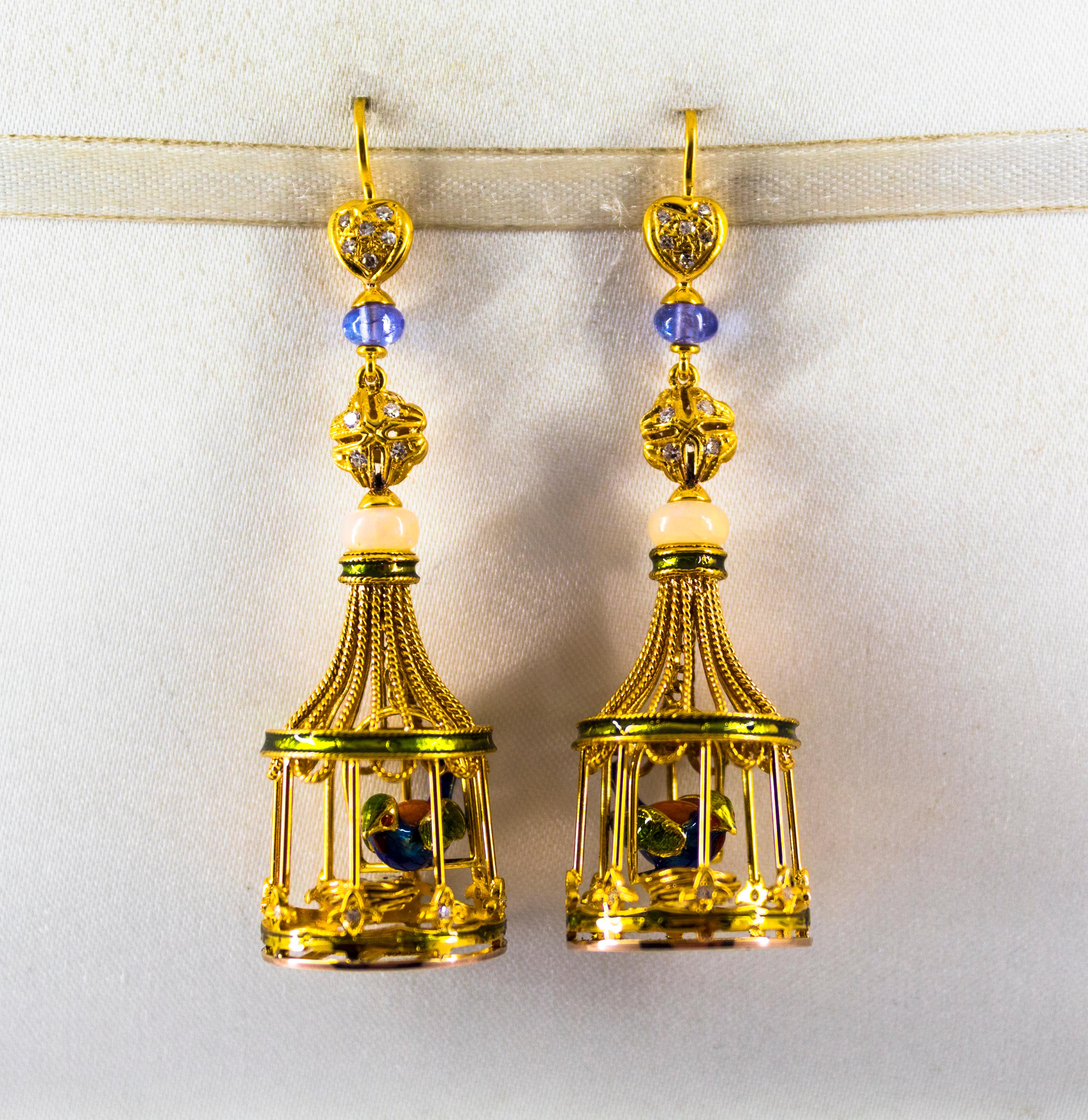 Modern White Diamond Opal Tanzanite Pearl Coral Yellow Gold Birdcage Stud Drop Earrings