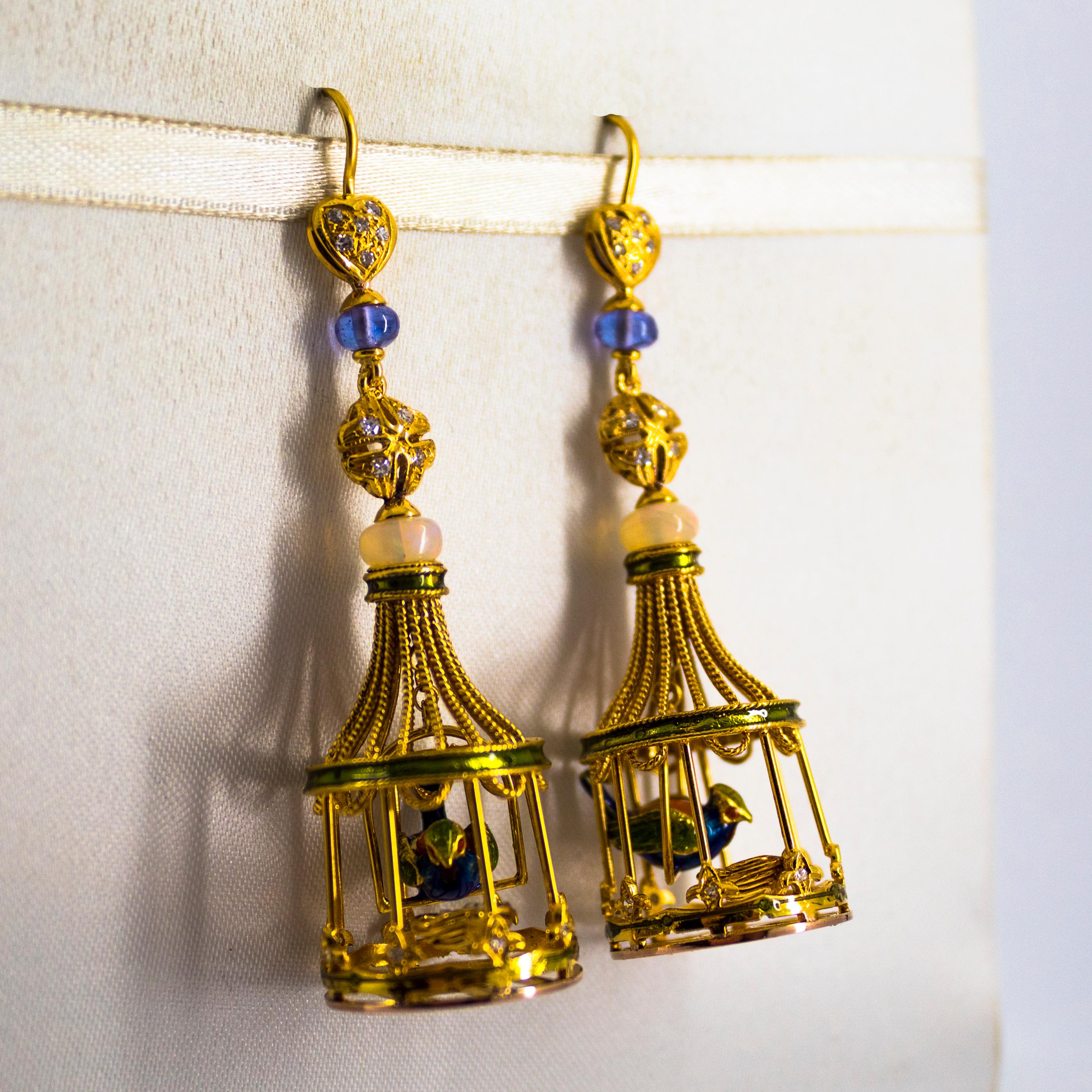 White Diamond Opal Tanzanite Pearl Coral Yellow Gold Birdcage Stud Drop Earrings In New Condition In Naples, IT