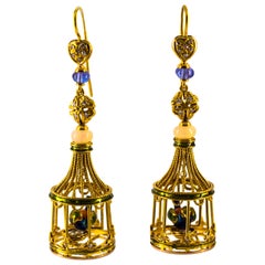 White Diamond Opal Tanzanite Pearl Coral Yellow Gold Birdcage Stud Drop Earrings