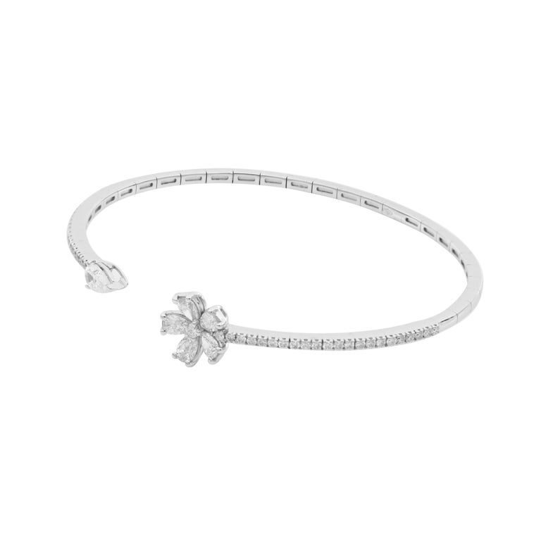 White Diamond Open Cuff Bangle Bracelet with Diamond Flower For Sale at