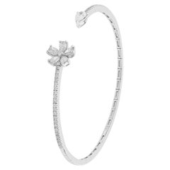 White Diamond Open Cuff Bangle Bracelet with Diamond Flower