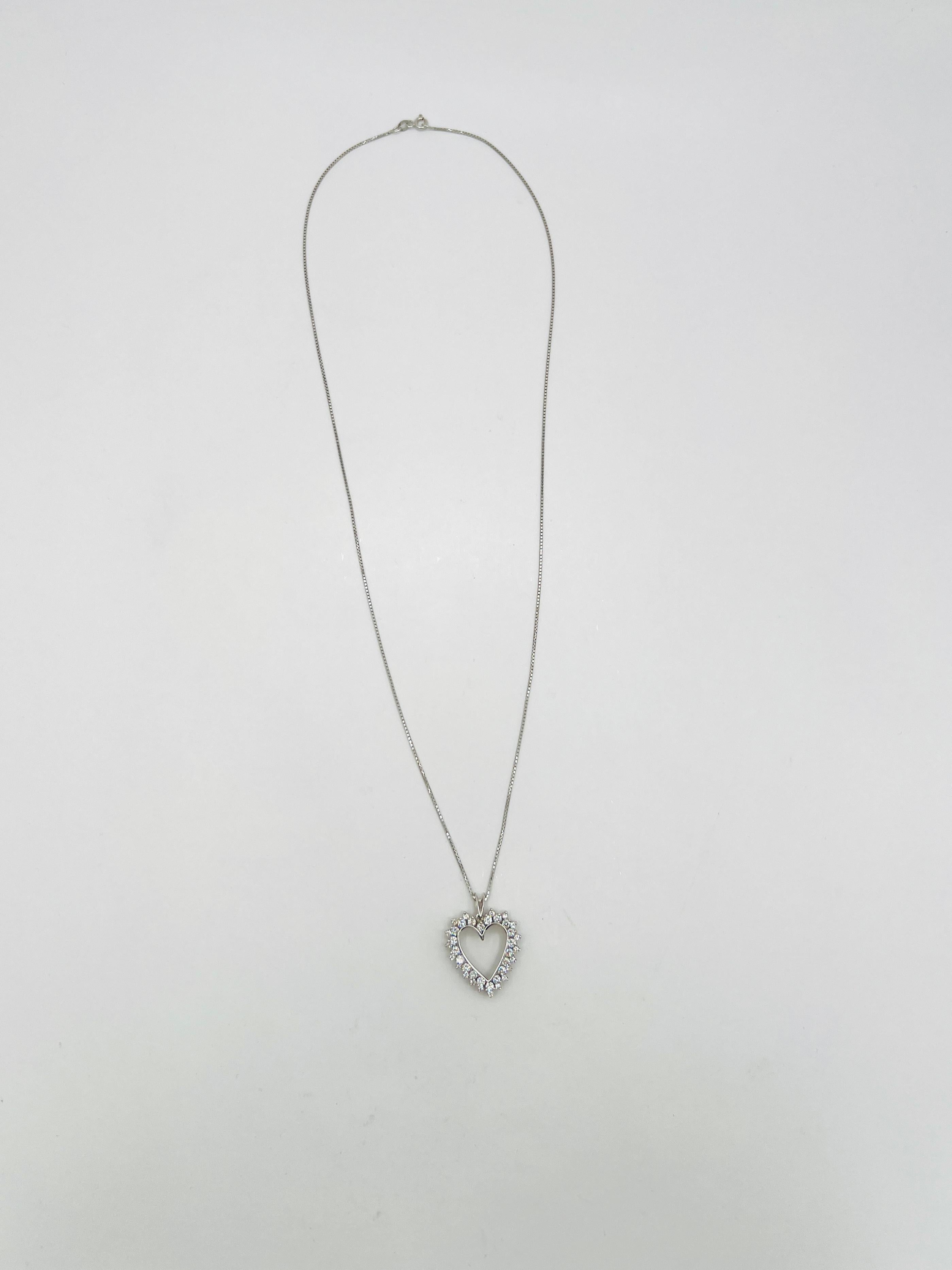 Women's or Men's White Diamond Open Heart Pendant Necklace in 14K White Gold For Sale