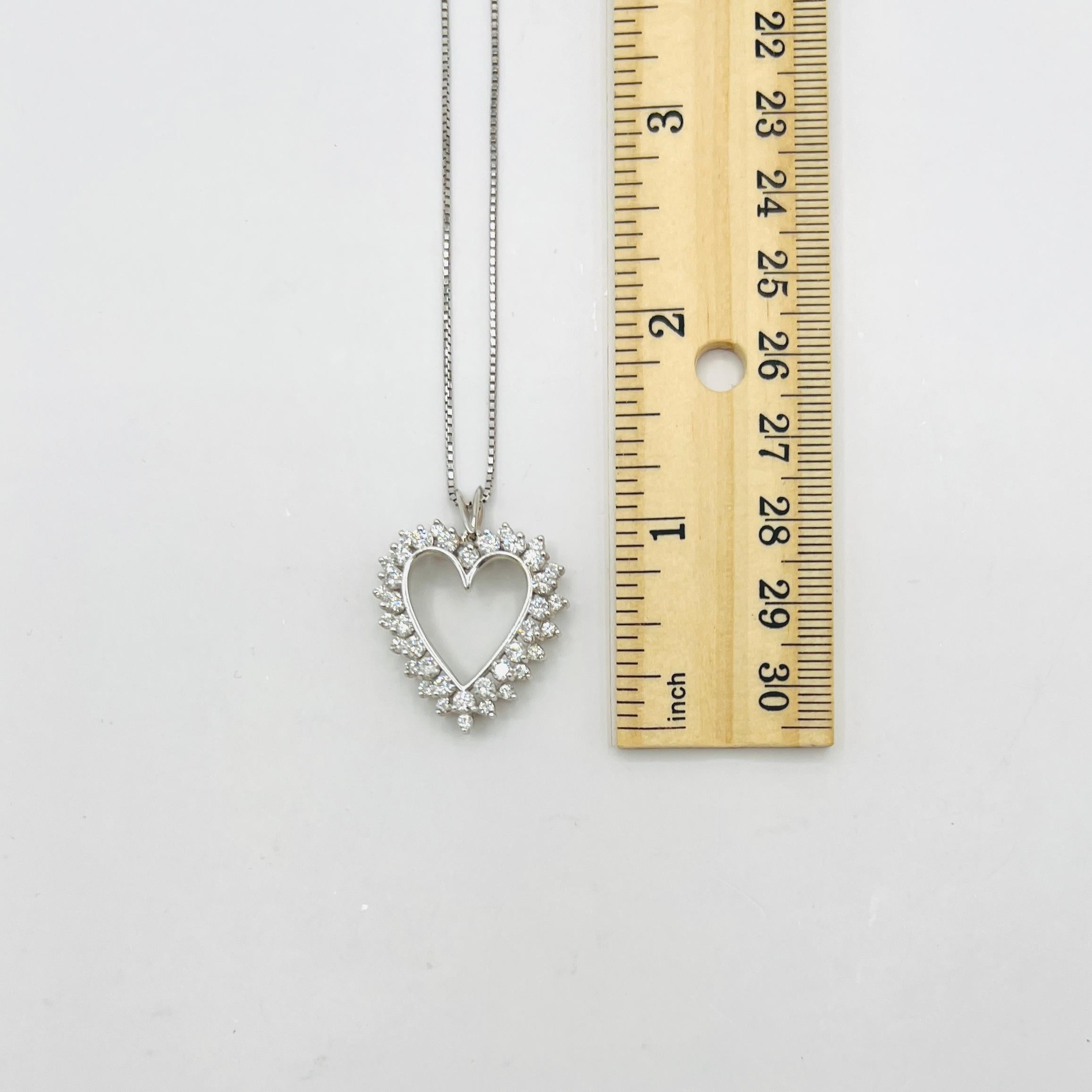 White Diamond Open Heart Pendant Necklace in 14K White Gold For Sale 2