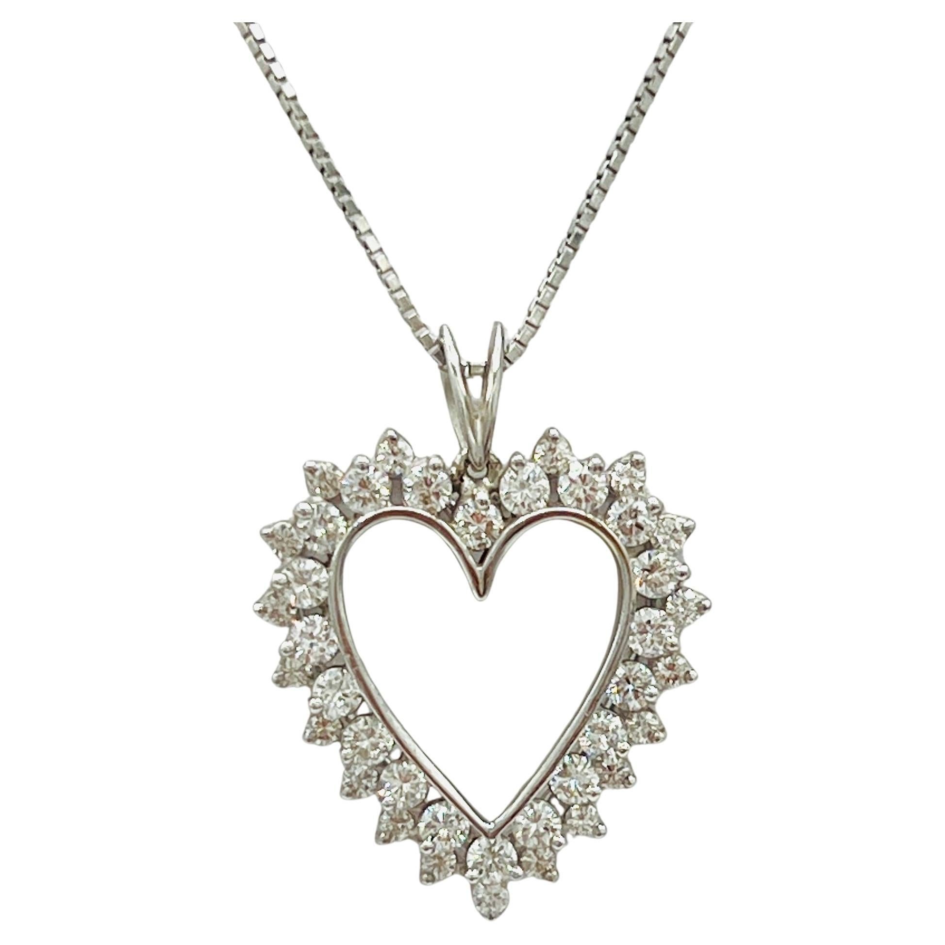 White Diamond Open Heart Pendant Necklace in 14K White Gold For Sale