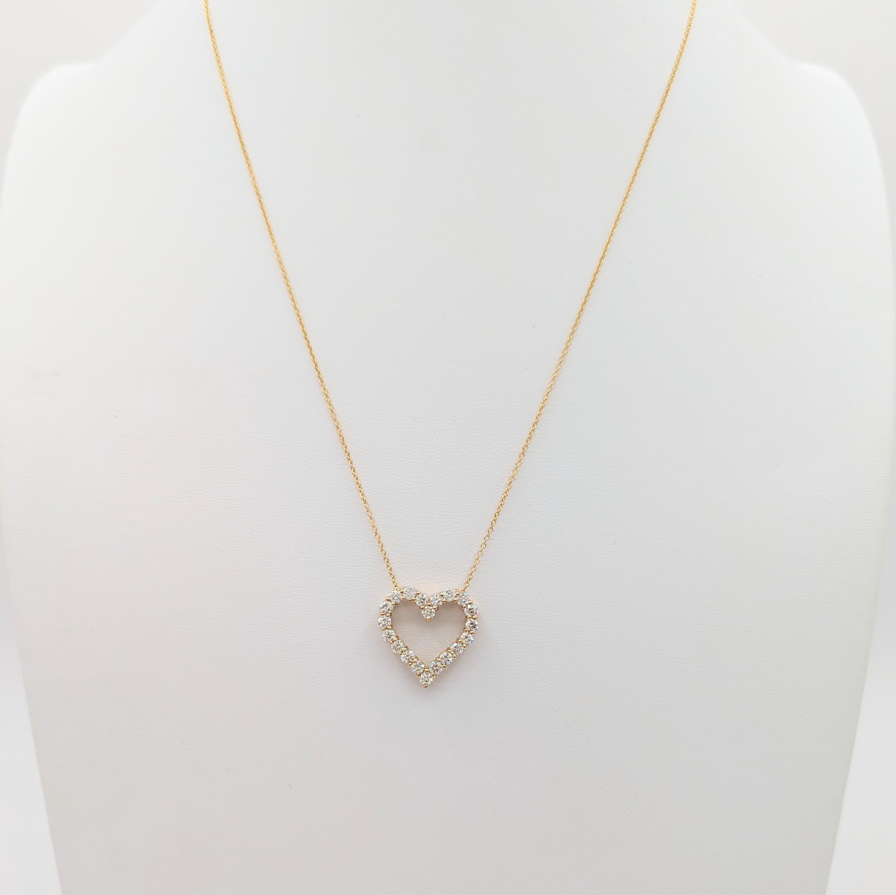 Women's or Men's White Diamond Round Open Heart Pendant Necklace in 14k Yellow Gold For Sale