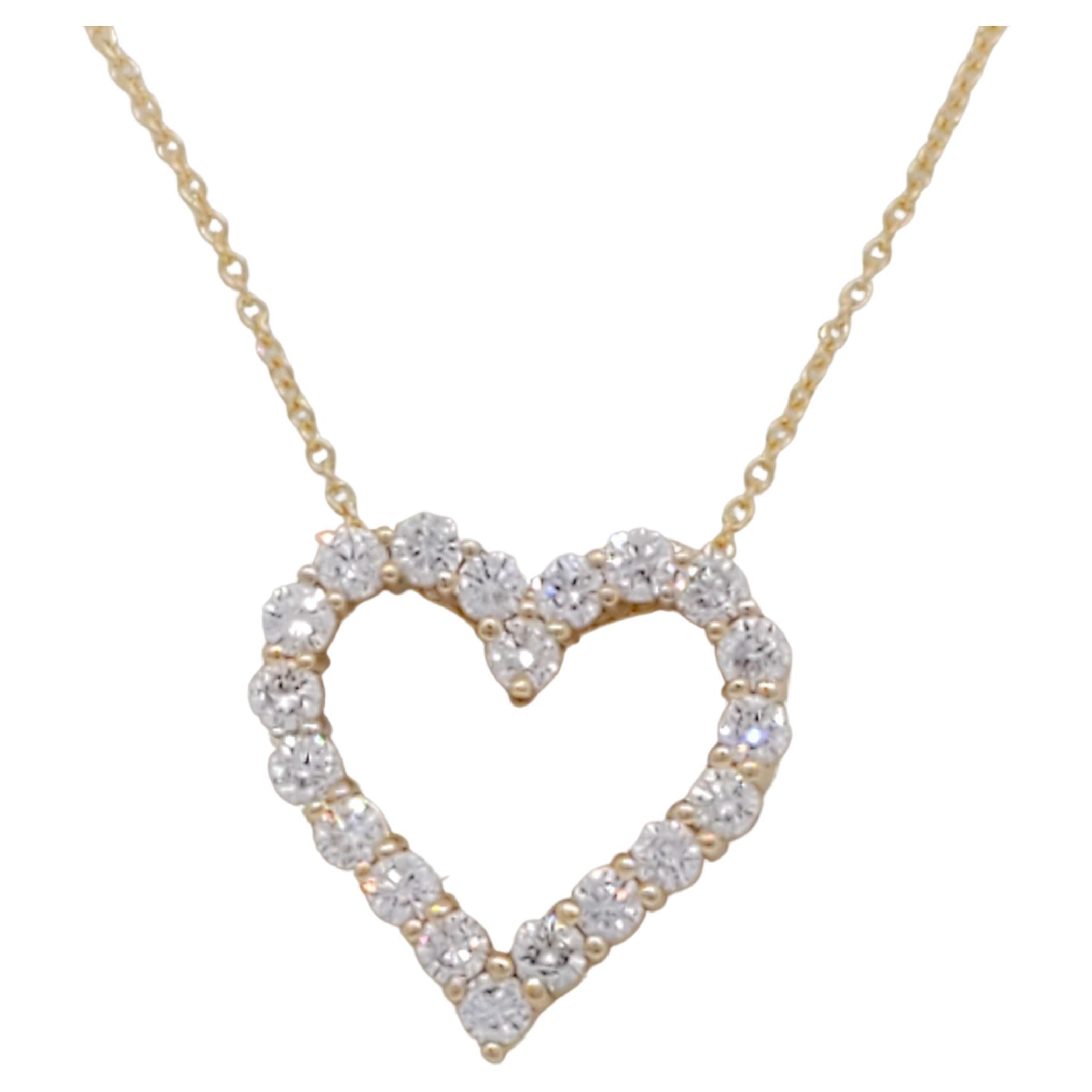 White Diamond Round Open Heart Pendant Necklace in 14k Yellow Gold For Sale