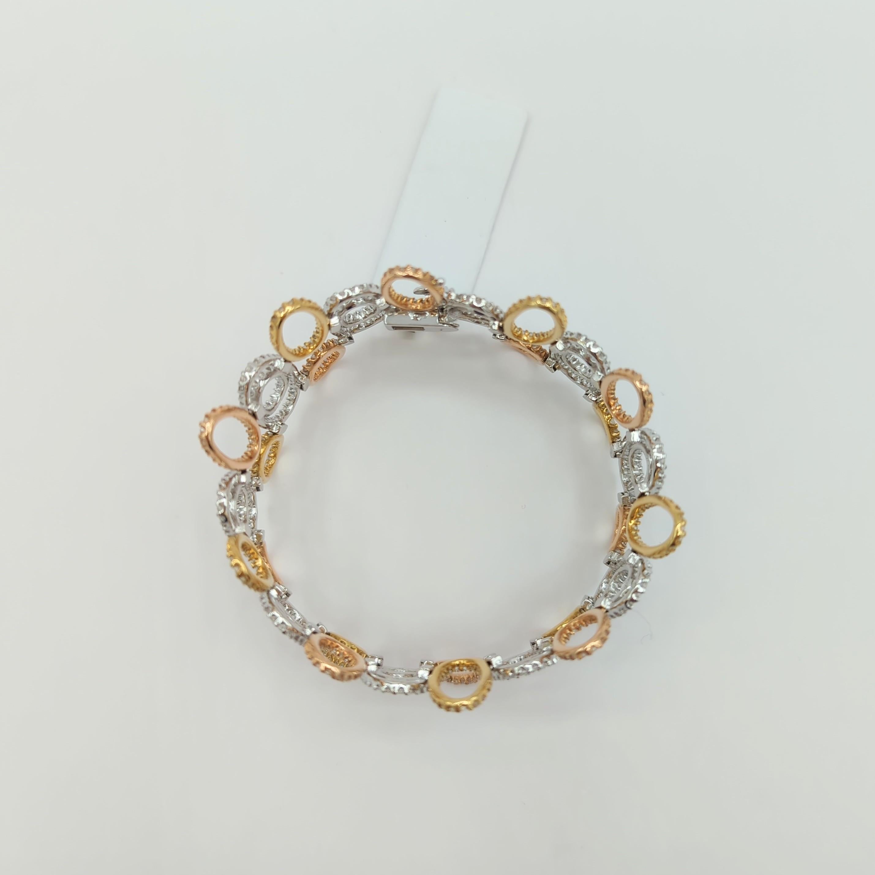 White Diamond Oval Design Bracelet in 18K 3 Tone Gold For Sale 2
