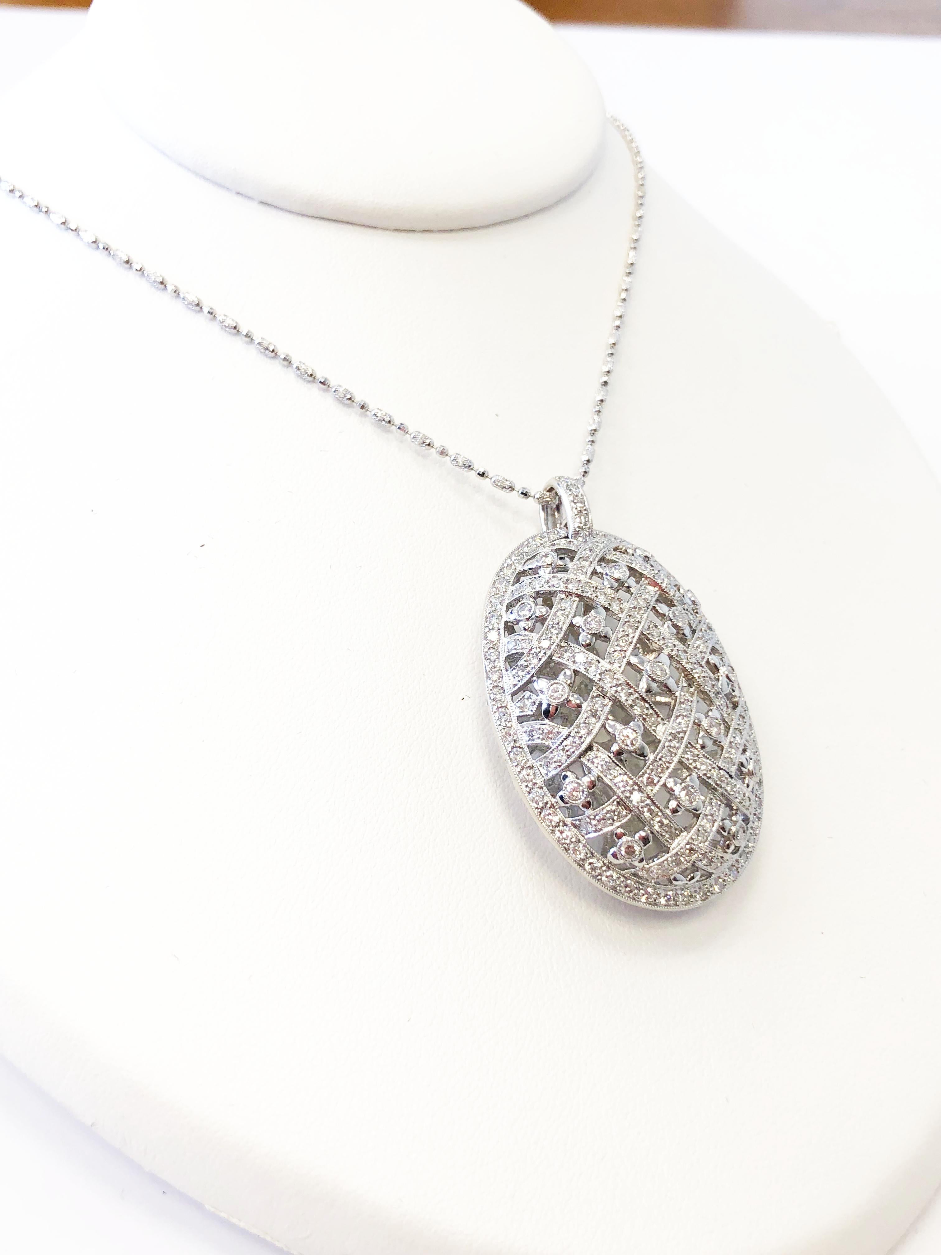 Round Cut White Diamond Oval Design Pendant Necklace in 18 Karat White Gold
