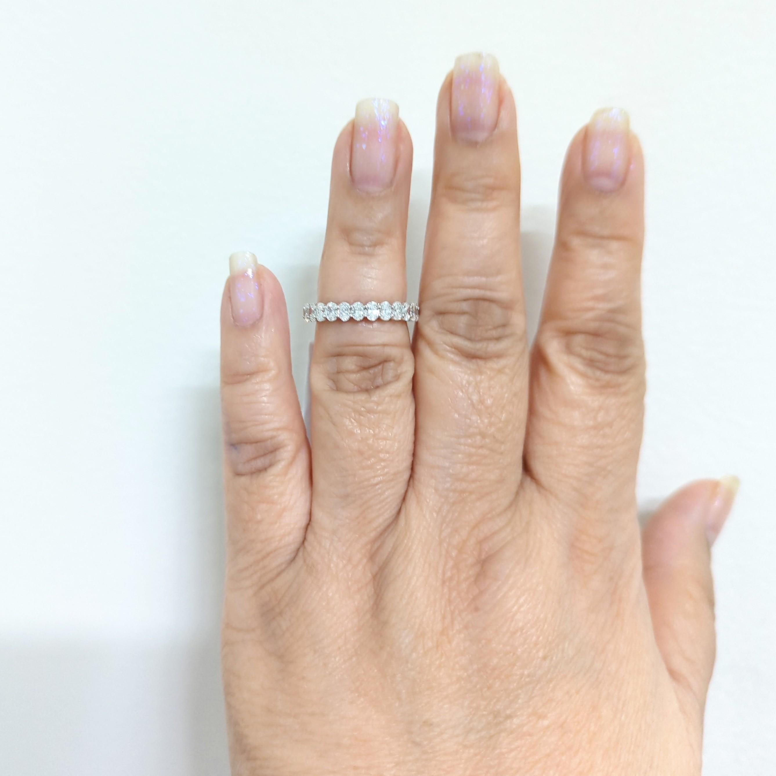Women's or Men's White Diamond Oval Eternity Band Ring in 18K White Gold For Sale