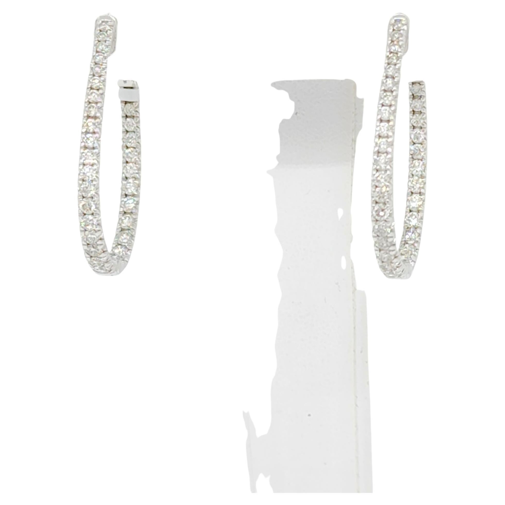 White Oval Diamond Round Hoop Earrings in 18k White Gold For Sale at