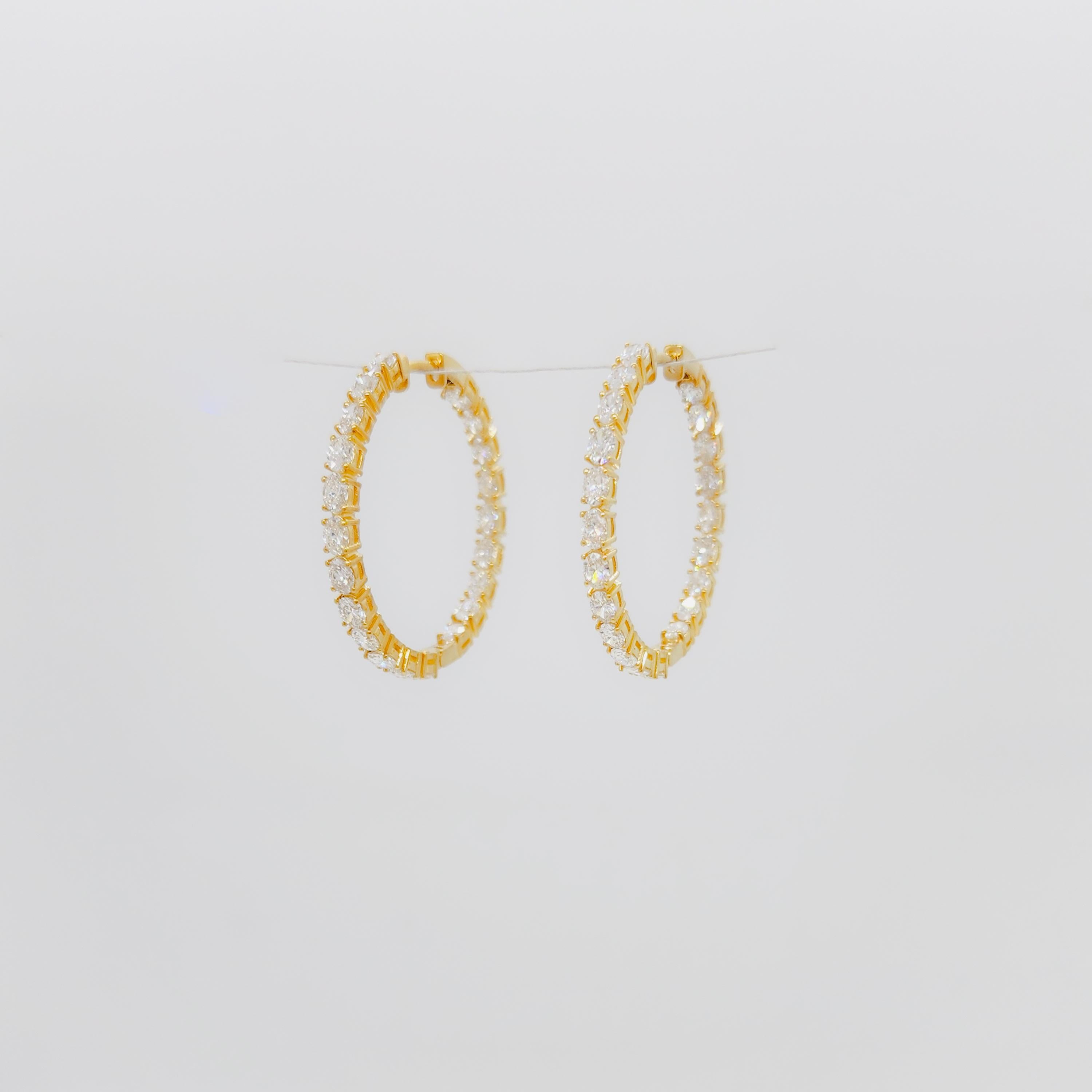 Round Cut White Diamond Oval Hoop Earrings in 18k Yellow Gold For Sale