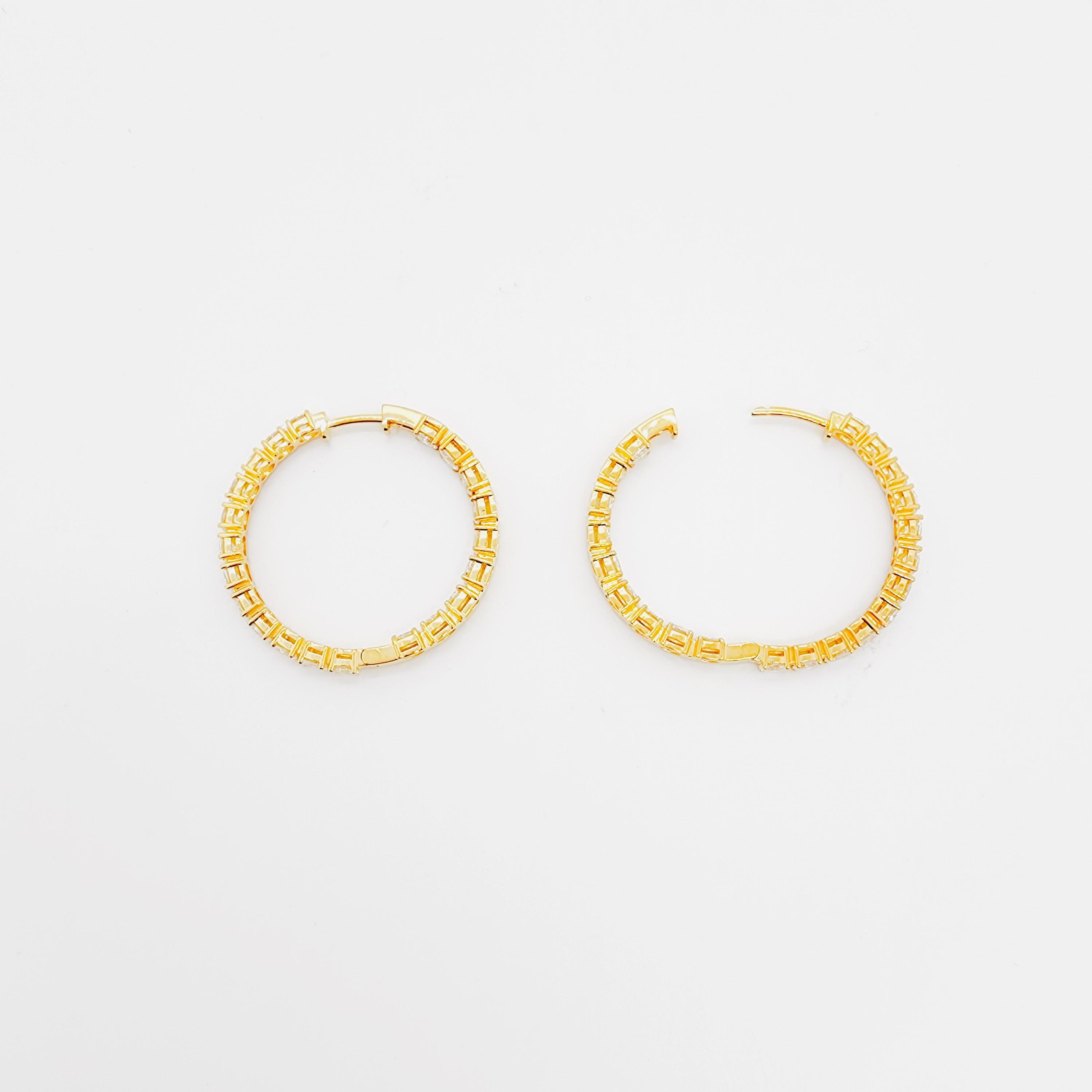 White Diamond Oval Hoop Earrings in 18k Yellow Gold For Sale 2