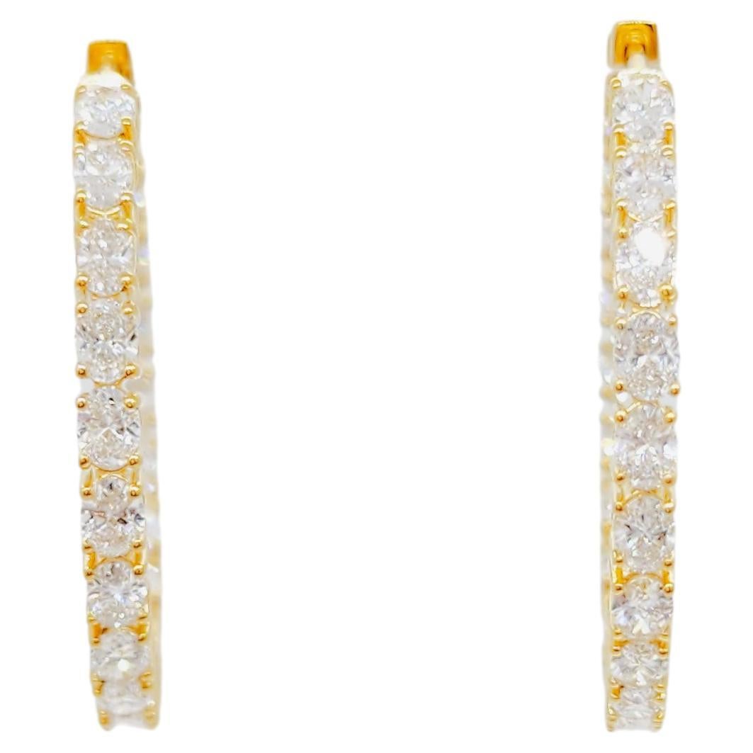 White Diamond Oval Hoop Earrings in 18k Yellow Gold For Sale