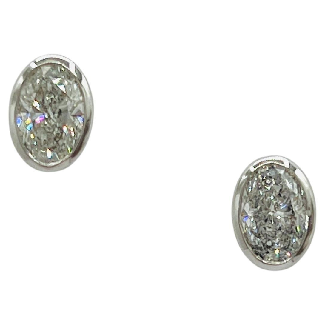 White Diamond Ovals 1.50 Carat Each Bezel Stud Earrings in 18K White Gold For Sale