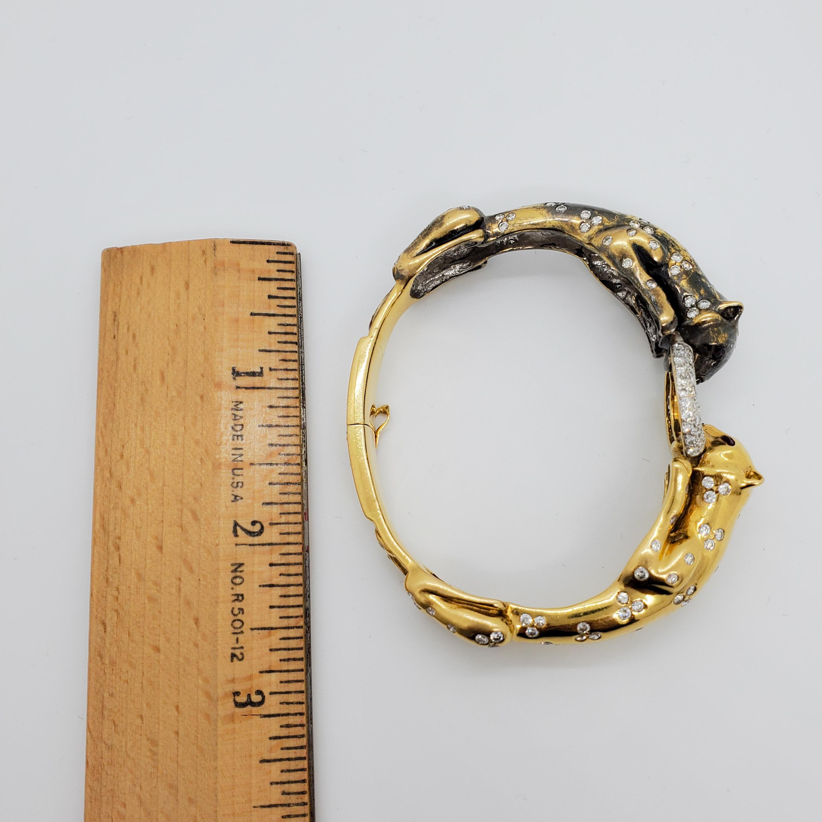 Round Cut White Diamond Panther Bangle Bracelet in 18k Two Tone Gold