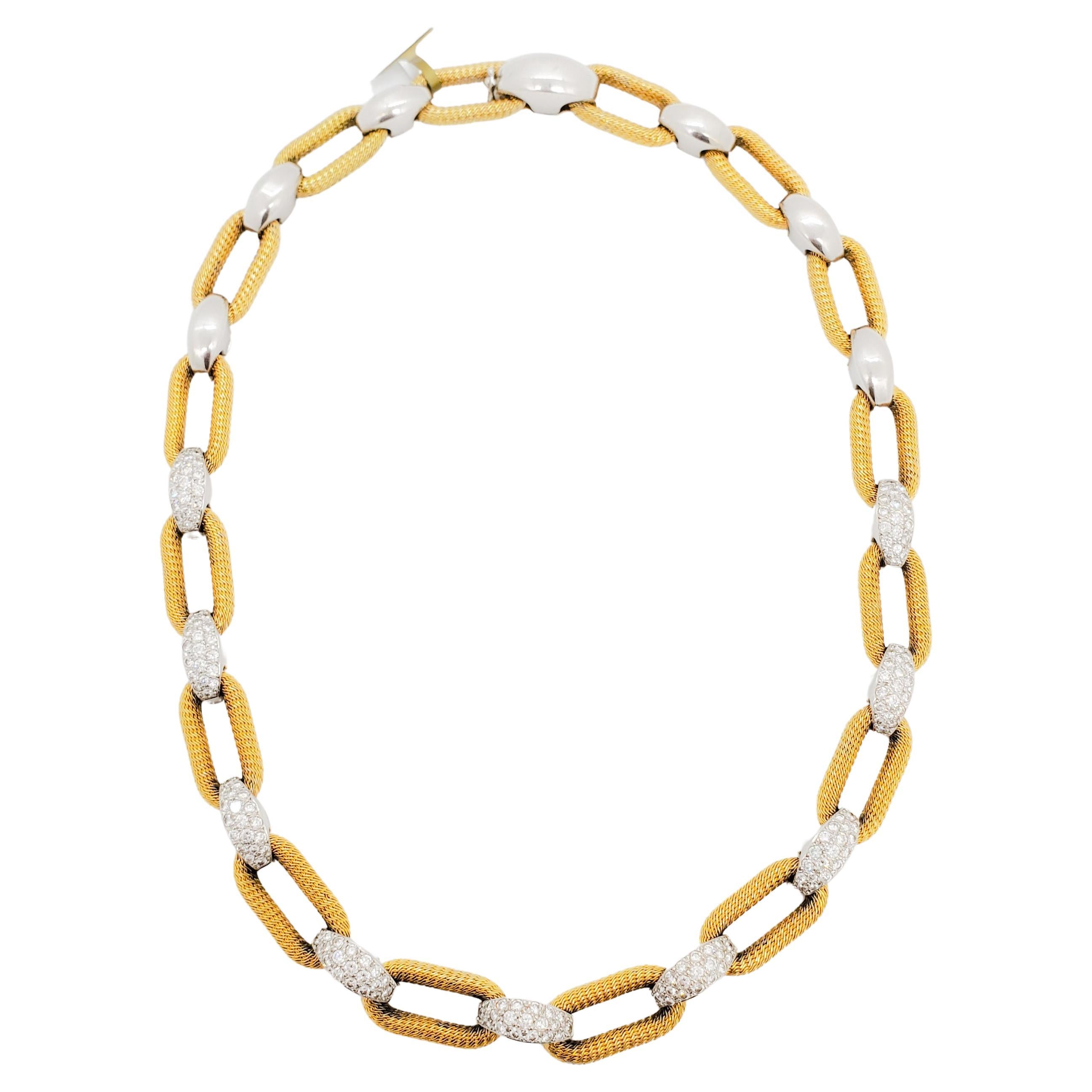 White Diamond Pave and 18k Yellow and White Gold Link Necklace For Sale