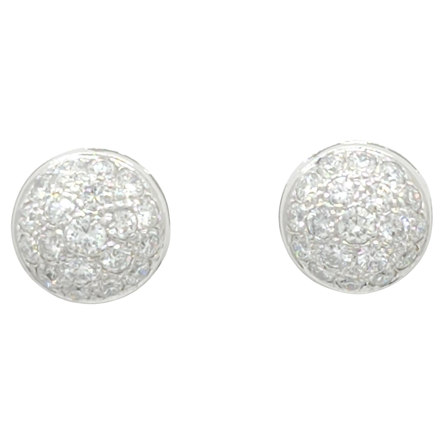 White Diamond Pave Dome Stud Earrings in 14k White Gold For Sale