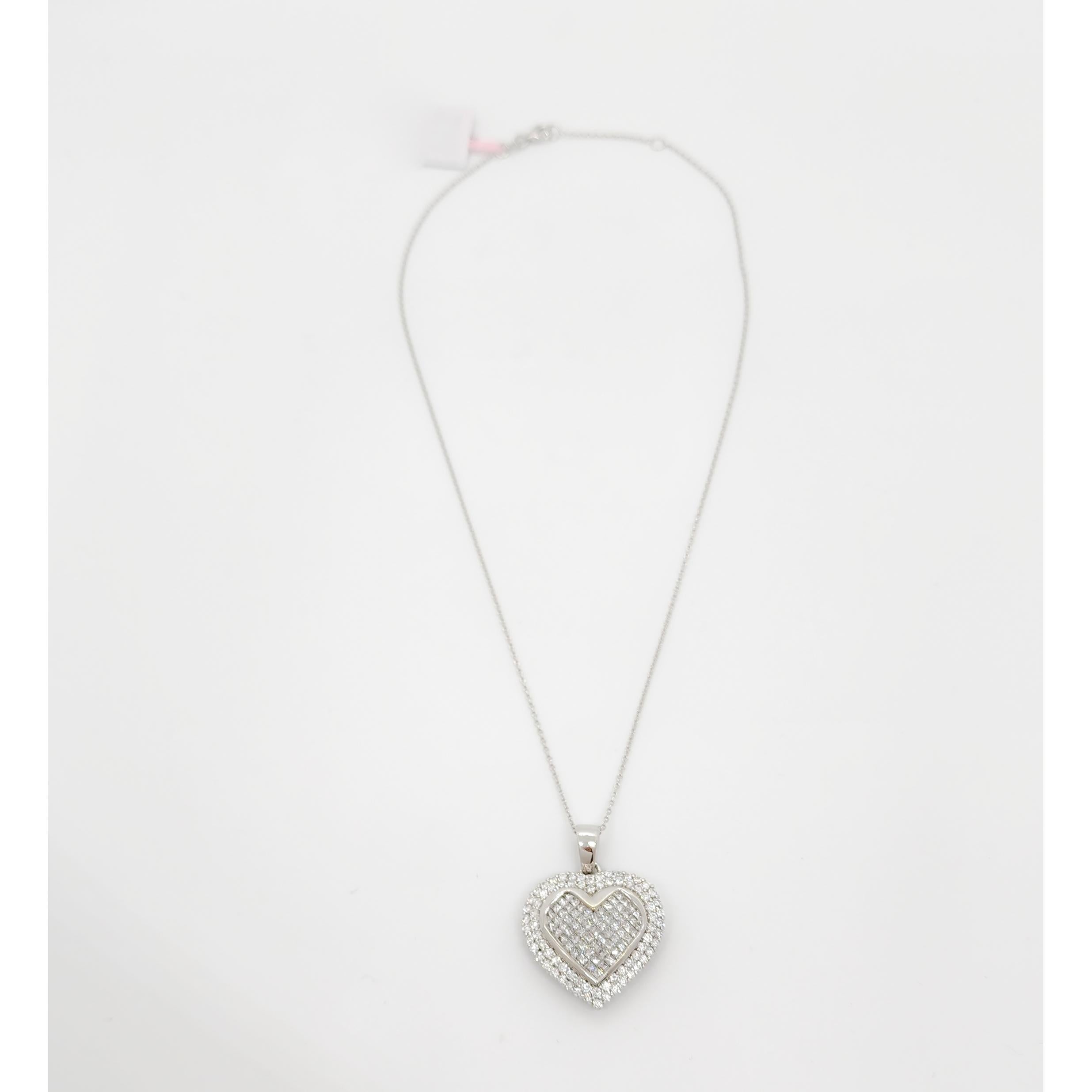 Square Cut White Diamond Pave Heart Pendant Necklace in 14k White Gold For Sale
