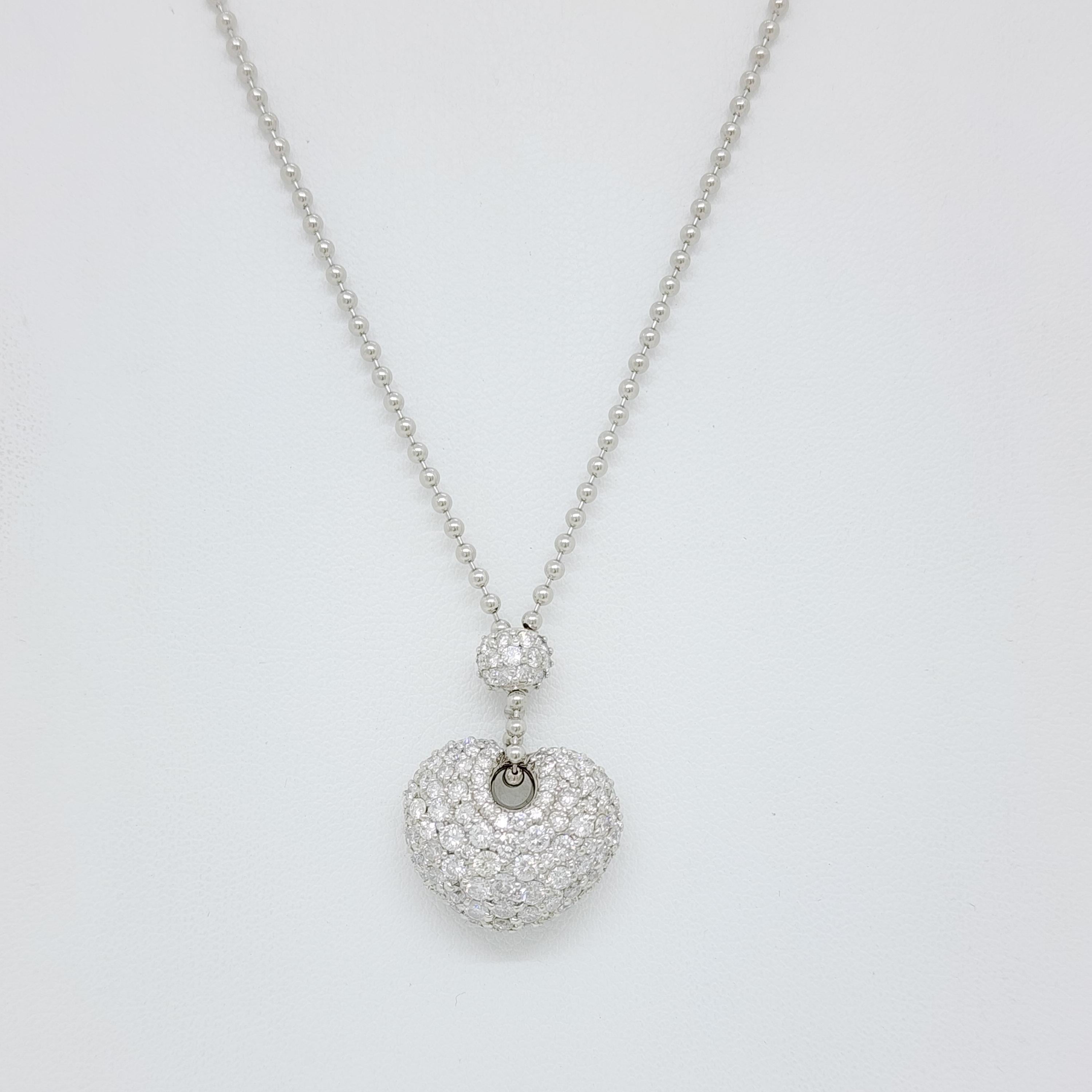 Women's or Men's White Diamond Pave Heart Shape Necklace in Platinum For Sale