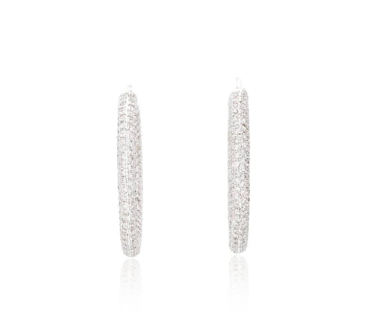 Contemporary White Diamond Pave Hoops in 18k White Gold For Sale