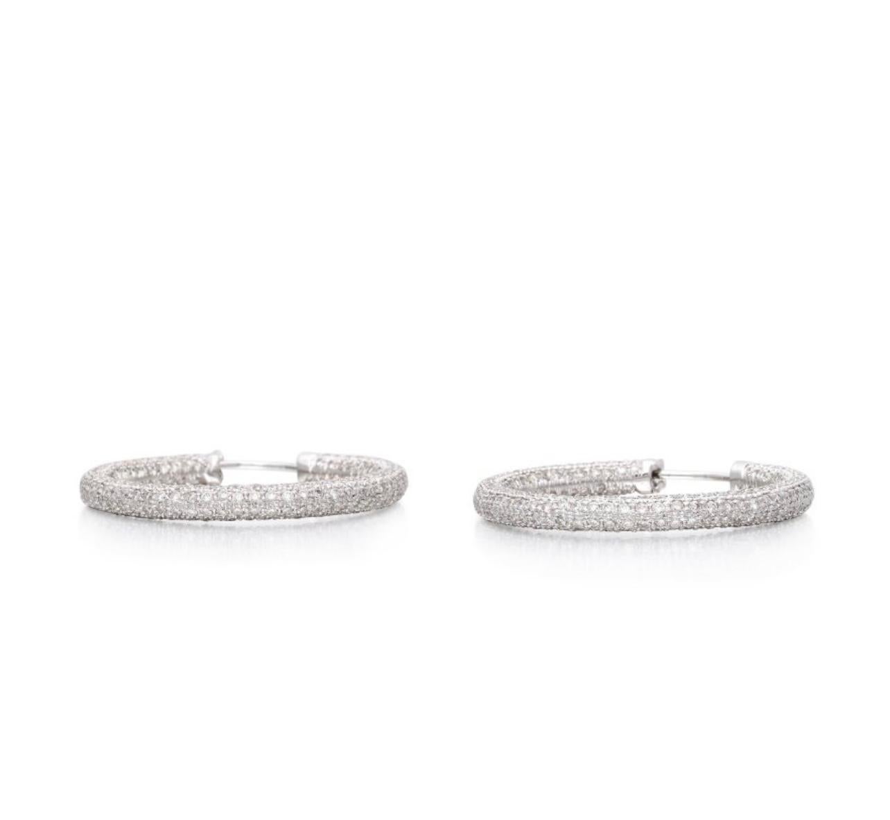Round Cut White Diamond Pave Hoops in 18k White Gold For Sale