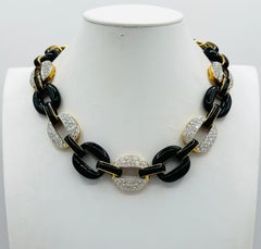 White Diamond Pave & Onyx Link Necklace in 18K 2 Tone Gold