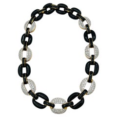 White Diamond Pave & Onyx Link Necklace in 18K 2 Tone Gold
