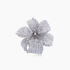 White Diamond Pave Set Lilly Flower Floral 18K White Gold Ring