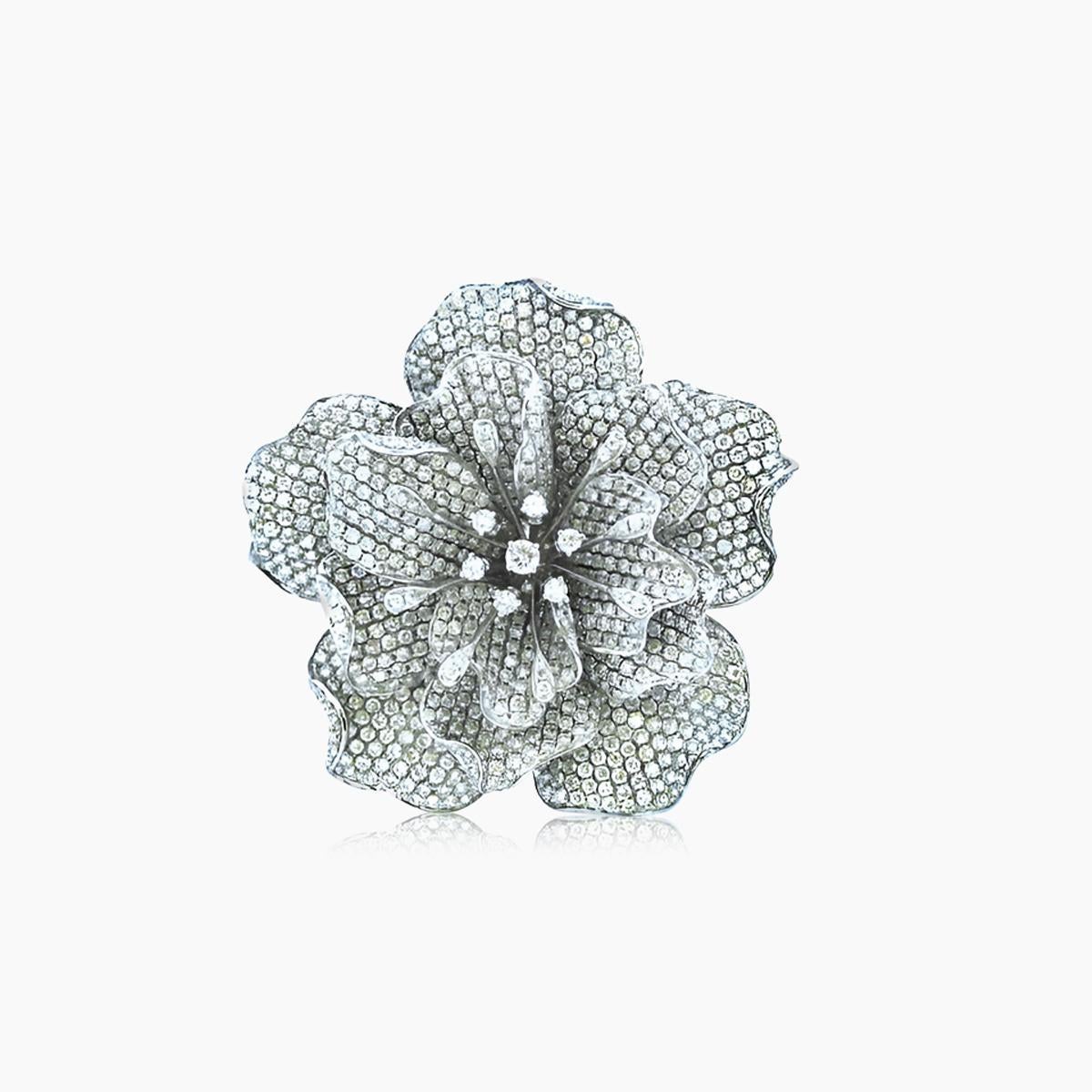 Weißer Diamant Pave Set Lilly Flower Floral 18K Weißgold Ring (Gemischter Schliff) im Angebot