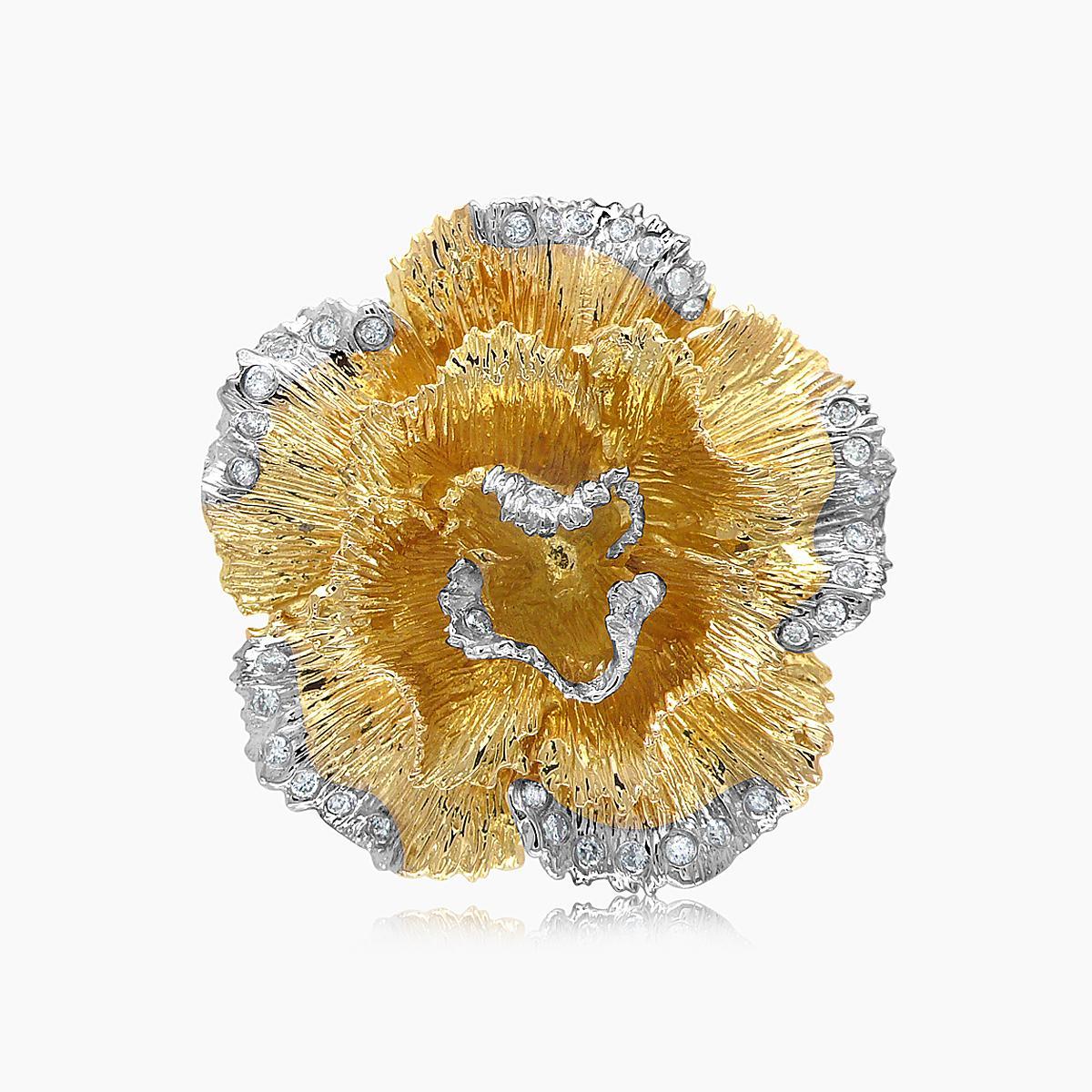 Anillo de oro blanco y amarillo de 18 quilates con pavé de diamantes blancos Flor de Lilly Corte mixto en venta